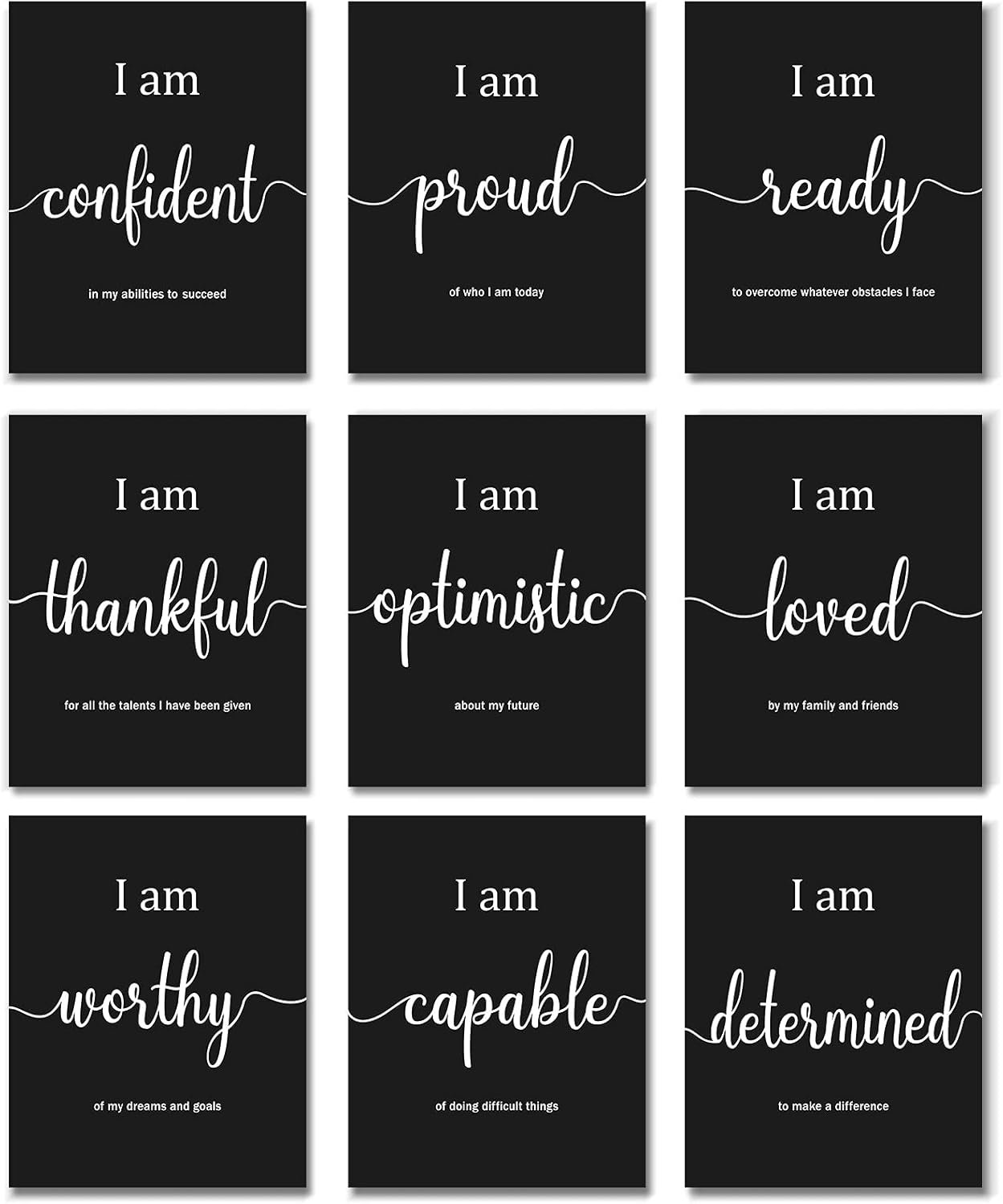 Outus 9 Pieces Inspirational Motivational Wall Art Office Bedroom Wall Art,Daily Positive Affirmations for Men Women Kids Inspirational Positive Quotes Sayings Decor(Black)