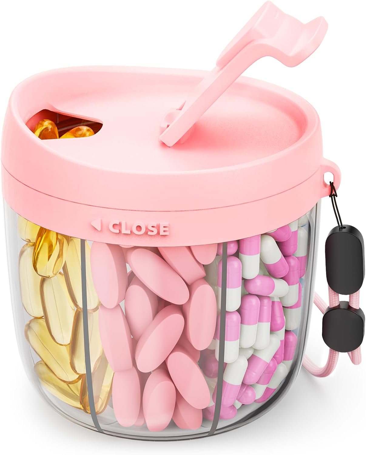 AMOOS Cute Pill Dispenser with 7 Compartments, Pill Bottle Organizer with Anti-Mix Design, Portable Pill Organizer for Travel with Wide Mouth for Easy Access, BPA-Free Patented Pill Container, Pink