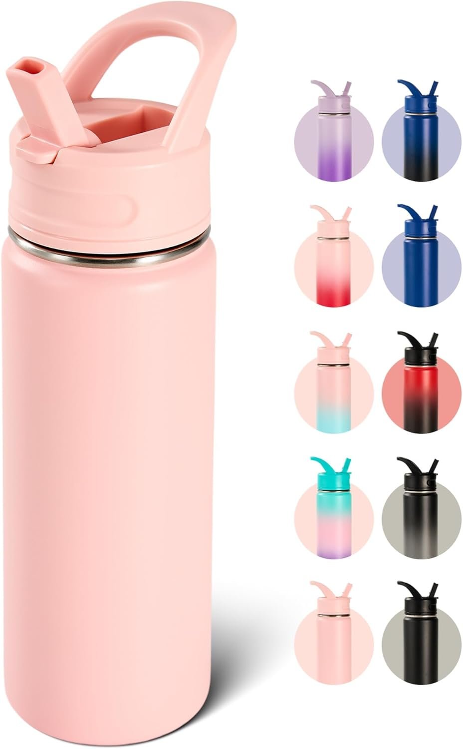 Fijinhom 18oz Insulated Stainless Steel Water Bottle with Straws, Double Wall Vacuum Insulated Bottles, Metal Thermo for Travel, Sports, Leak-Proof, BPA Free, Women & Men, Pink