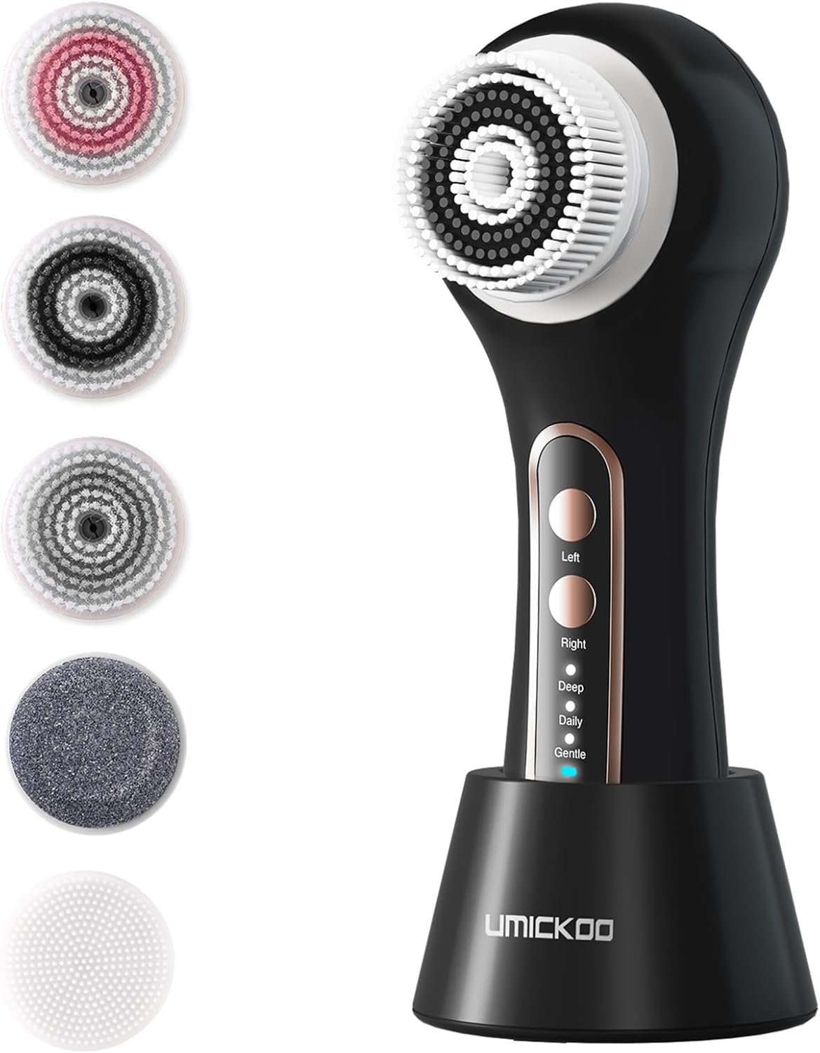 UMICKOO Electric Facial Cleansing Brush, 2-Way Rotating Face Scrubber for Daily & Deep Cleaning, 3 Modes, 5 Brush Heads, Rechargeable, IPX7 Waterproof for All Skin Types