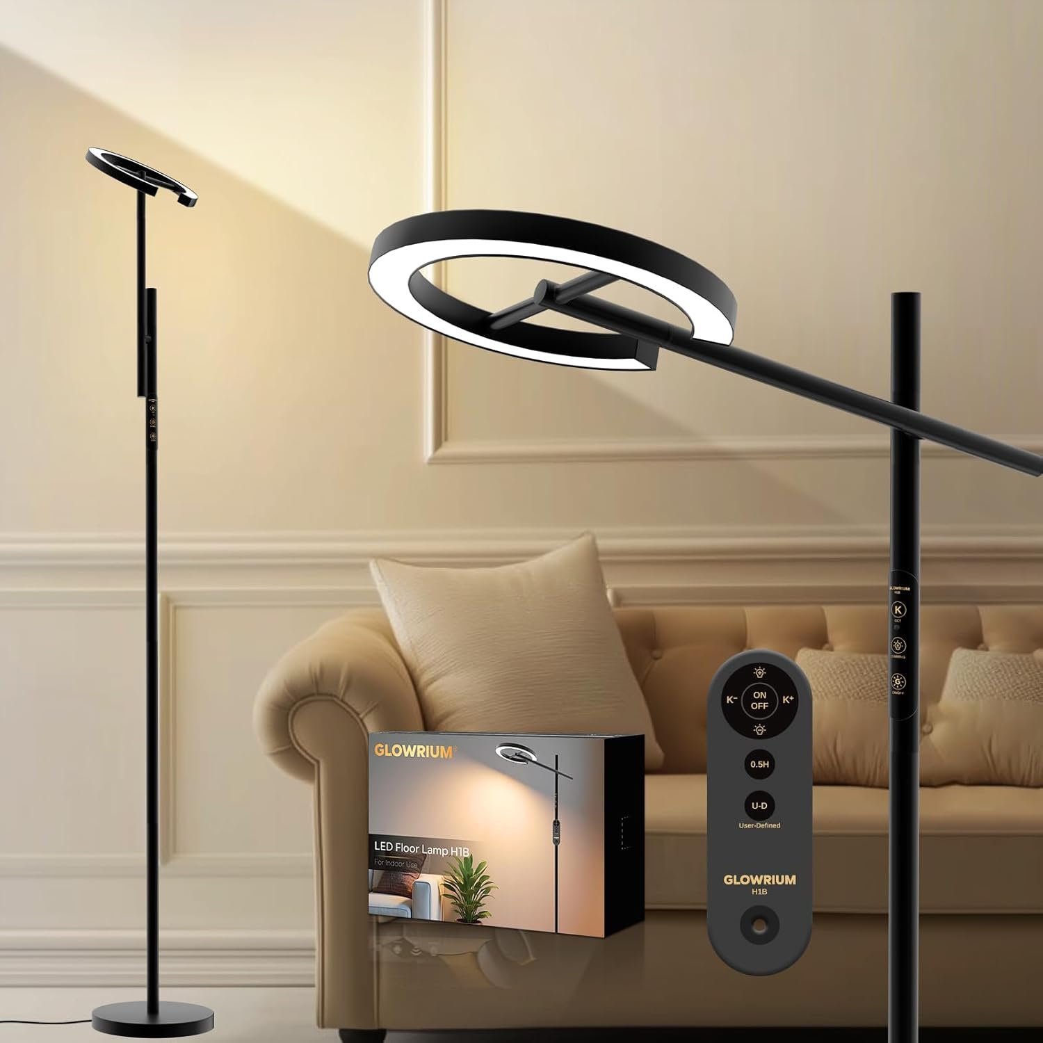 Light Therapy Lamp, 12000 LUX UV-Free Sunlight Lamp, Floor Lamp with Remote, Full Spectrum Sun Lamp, 4 Color Temps 2700-6500K & 7 Brightness & Timer LED Lamp for Living Room Bedroom Home Office, Black