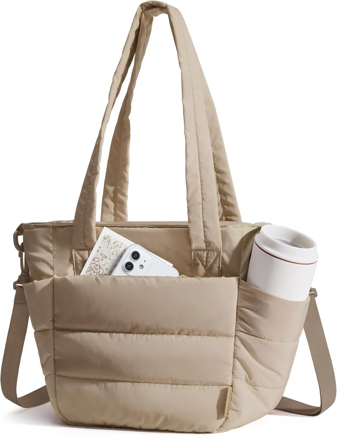 BAGSMART Lunch Bag Women Small Insulated Tote with Lunch Compartment Quilted Lightweight Puffy Tote Bag for Work, Travel, Outdoor, Camel