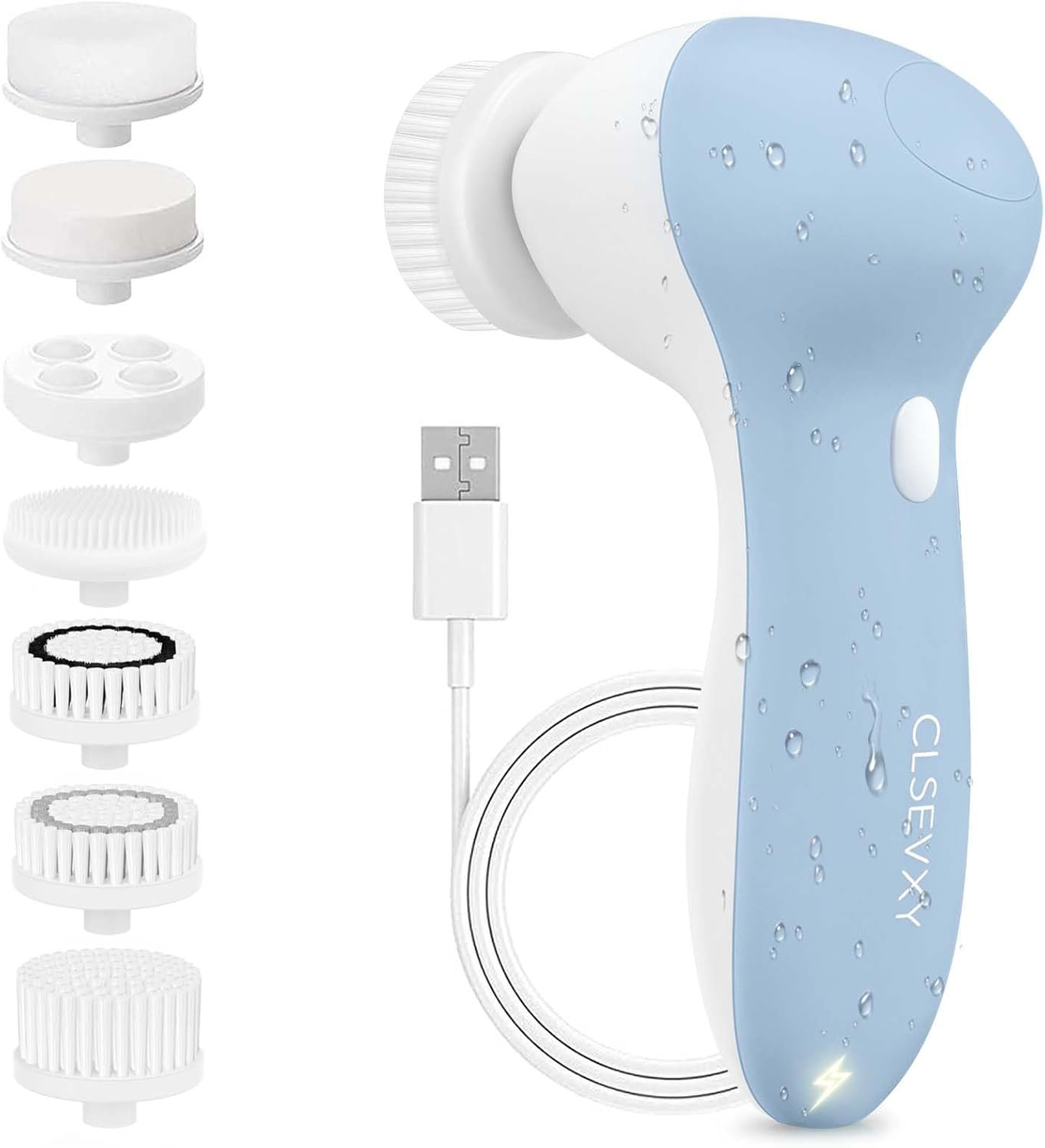 Rechargeable Facial Cleansing Spin Brush Set with 7 Exfoliating Brush Heads – Complete Face Spa System by CLSEVXY – Advanced Microdermabrasion for Gentle Exfoliation and Deep Scrubbing