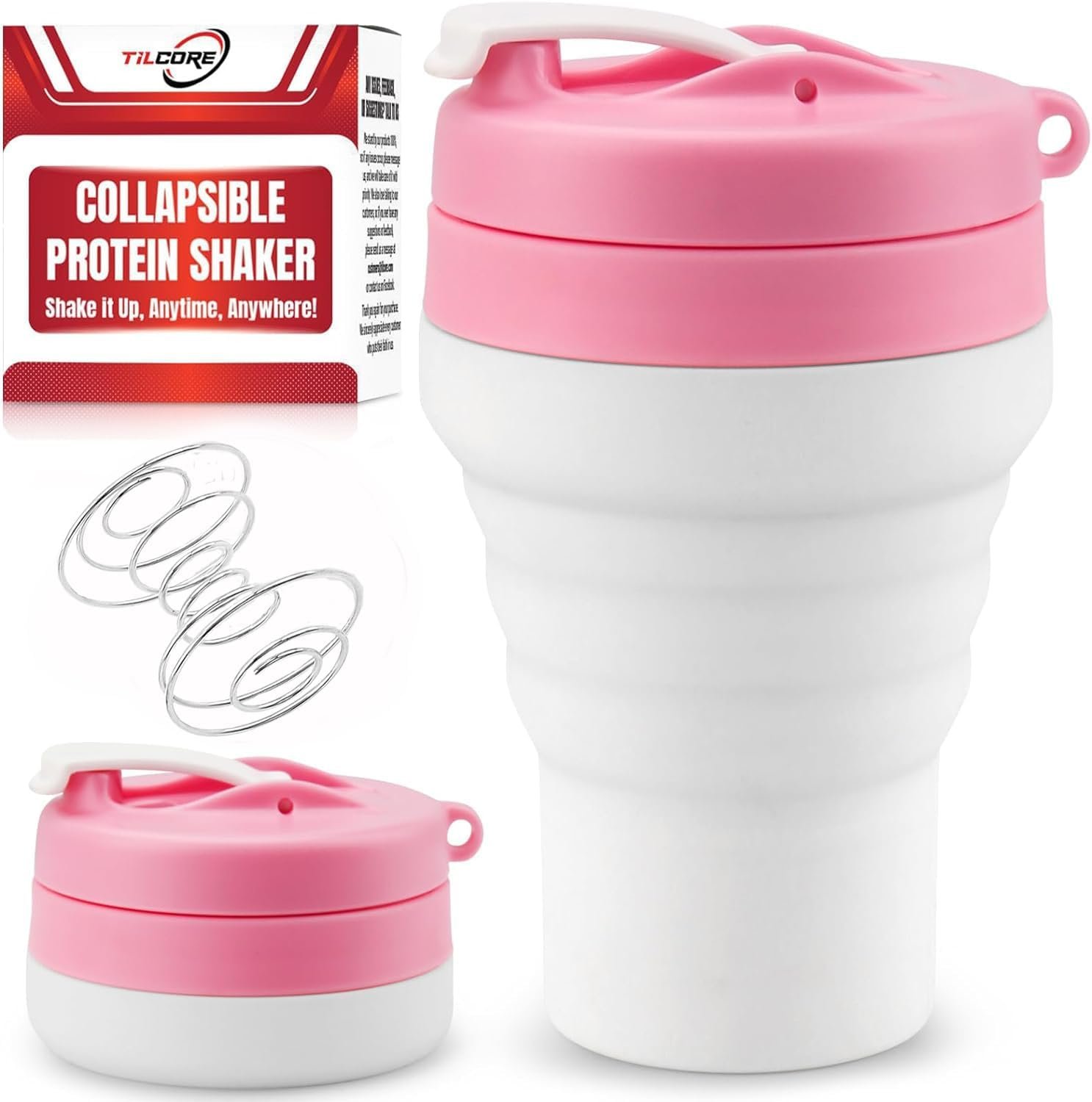 Protein Shaker Bottle Pink Collapsible – Food-Grade, Leakproof Lid 600mL 20oz Pink Shaker – Reusable Silicone Shaker Cups for Protein Shakes