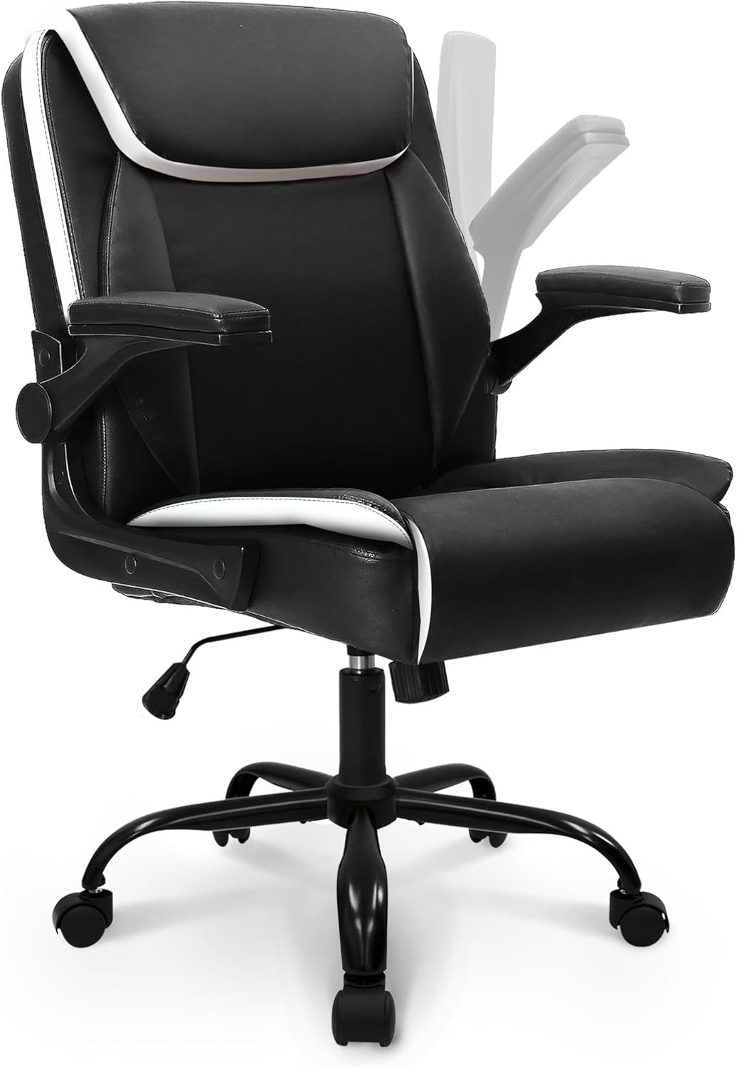 NEO CHAIR Desk Office Gaming Computer Chair Ergonomic Executive Mid-Back Leather with Adjustable Padded Flip-Up Armrests Cushion Wheels Swivel for Home Study Task (Black White)