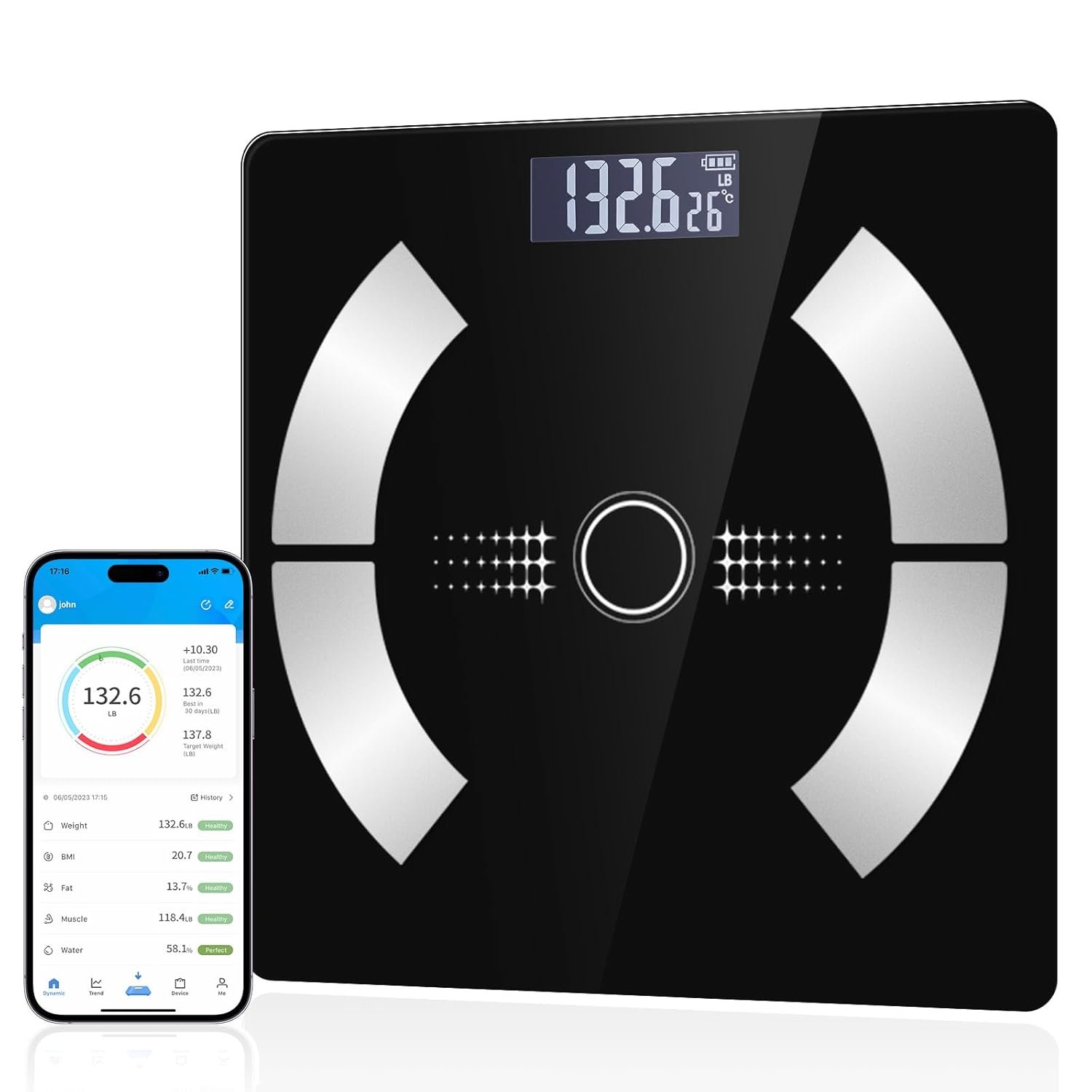 Smart Body Fat Scale – Accurate Digital Bathroom Scale with Bluetooth, 16 Essential Measurements Including Muscle Mass, Bone Mass, Body Water, BMI, and Visceral Fat【Black】
