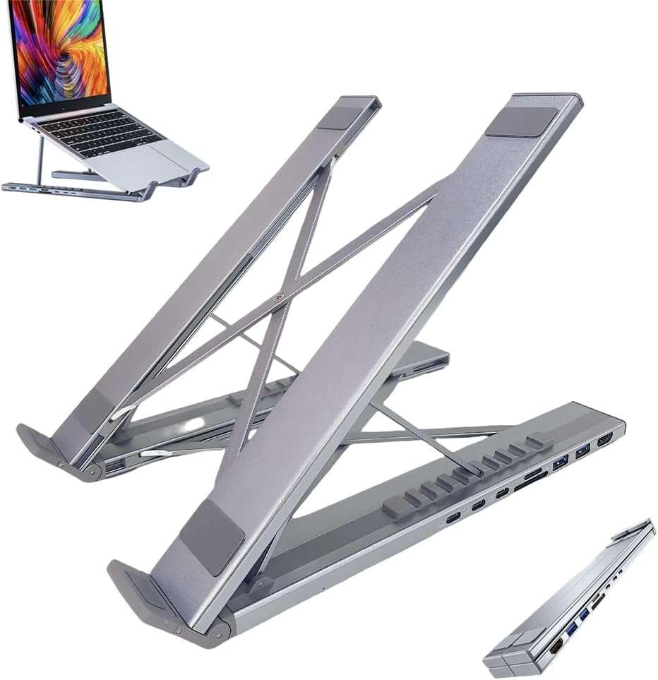 2025 New 8-in-1 USB-C Laptop Stand & Docking Station – 4K HDMI, 2X USB-A 3.0, 2X USB-C, 100W PD Input, SD/TF Card Reader – Universal for Office & Home