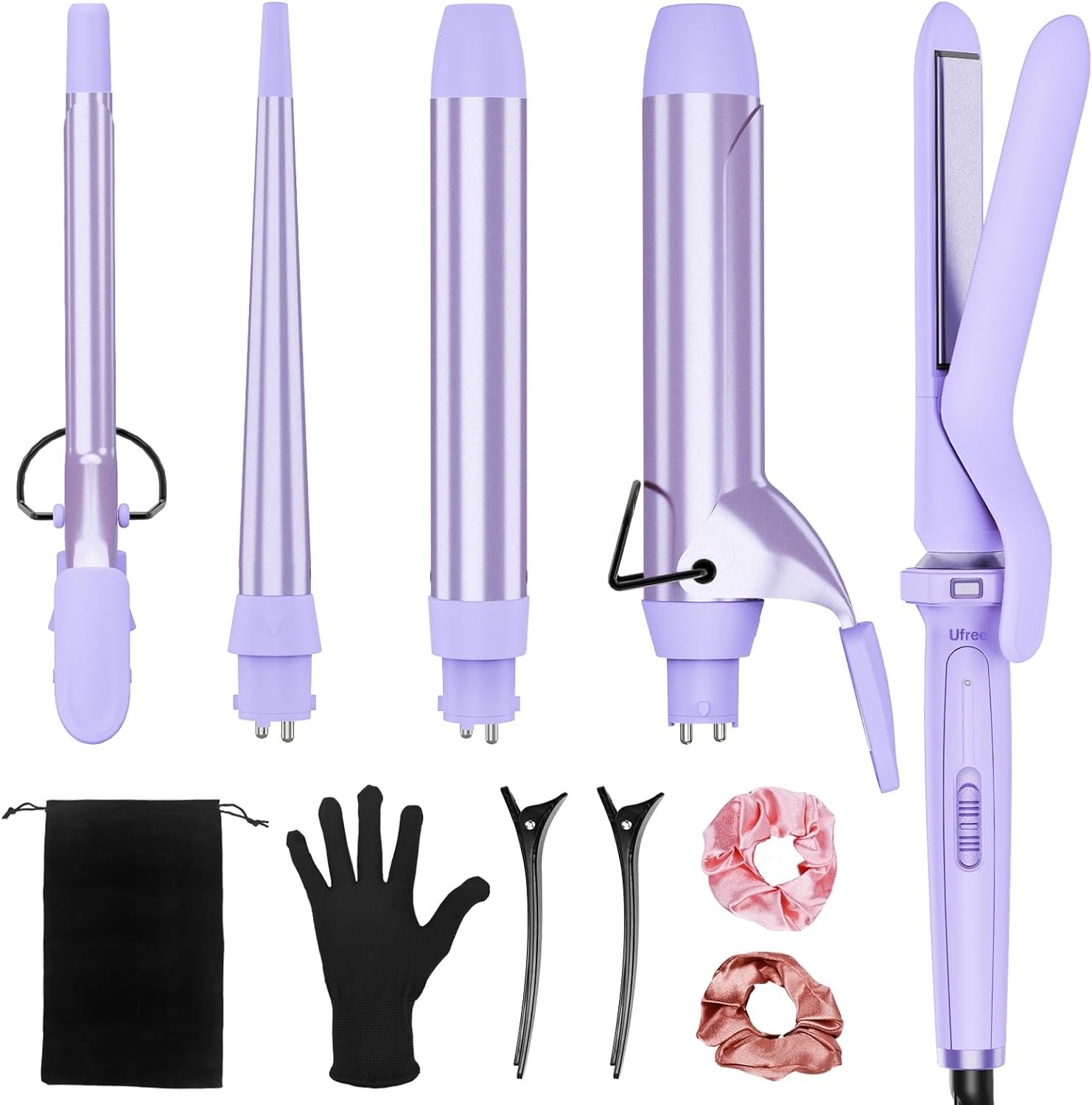 Birthday Gifts for Women, Ufree 5 in 1 Curling Iron with Interchangeable Ceramic Barrels (0.35″-1.25″), Curling Wand Set with Flat Iron Hair Straightener, Instant Heat Up, Dual Voltage Hair Curler