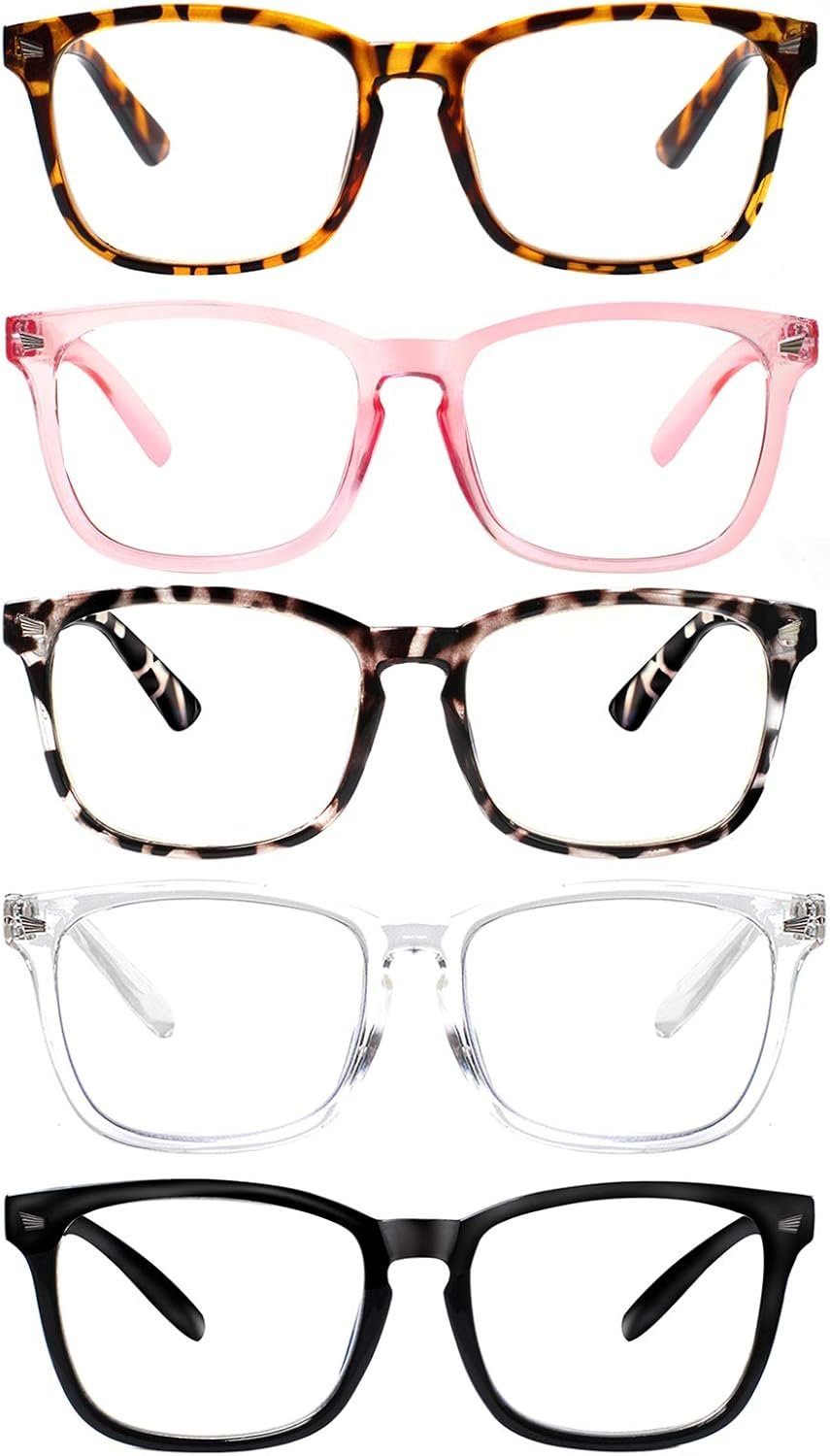 5 Pack Blue Light Blocking Reading Glasses,Spring Hinge Readers for Women Men,Anti UV Ray Filter Nerd Eyeglasses