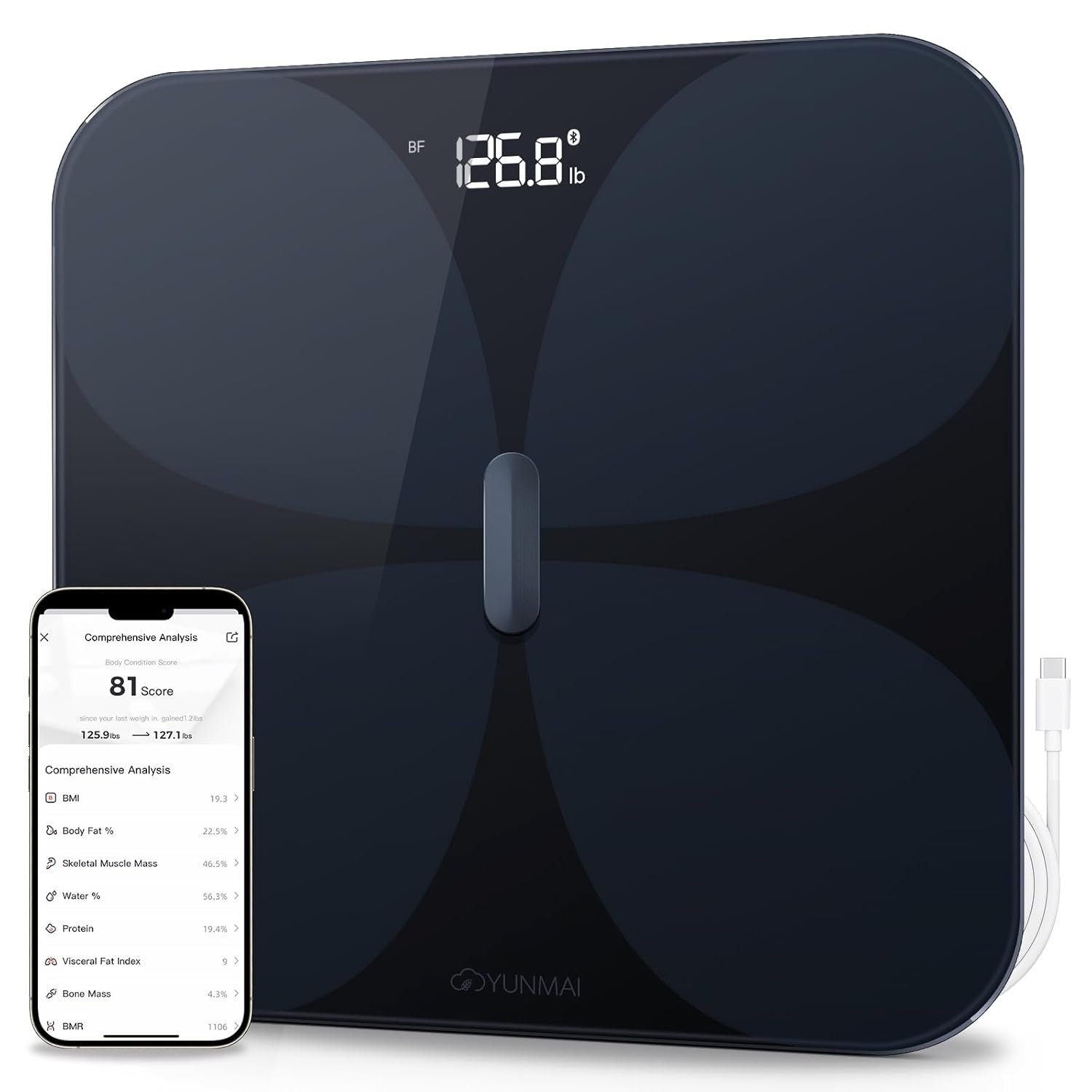 Yunmai Smart Scale with BMI, Body Fat, Muscle Mass, Body Weight, Body Fat Scale, 13 Body Composition Scale, Accurate Digital Bathroom Scale Bluetooth, Apple Health Compatible, Rechargeable 400lb