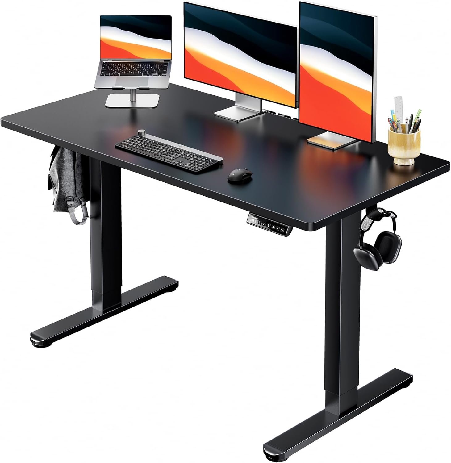 HUANUO Electric Standing Desk, Whole Piece Desktop, Adjustable Height Computer Desks, 4 Height Memory Settings, Sit Stand Up Desk for Home Office, 48″ x 24″, Black