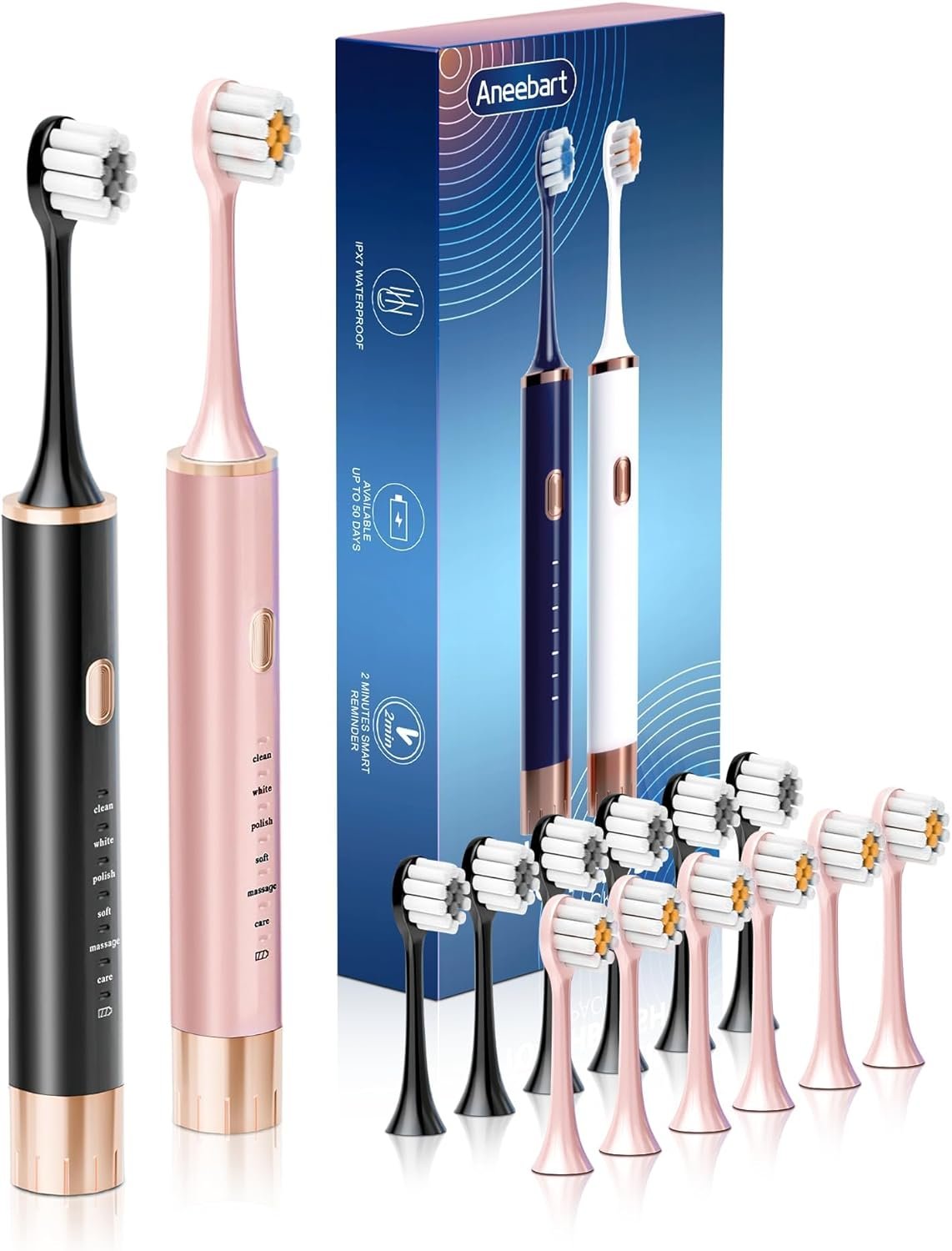 Aneebart Black & Pink Electric Toothbrush for Adults, 2 Pack Toothbrush，USB Rechargeable Sonic Toothbrush with 12 Brush Heads, Smart Timer, 6 Modes, 2-Hour Fast Charge Last 30 Days