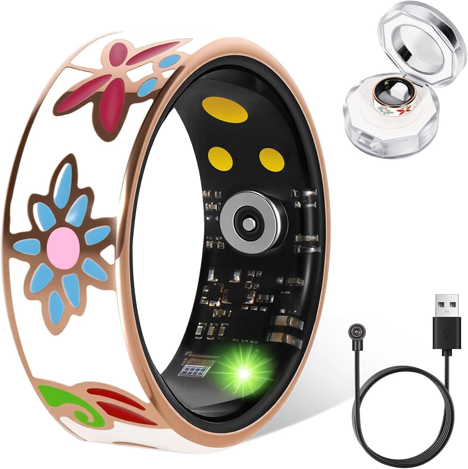 Smart Ring for Women & Men, Fitness Tracker with Heart Rate, SpO2, Blood Pressure & Sleep Monitoring, IP68 Waterproof, Long Battery Life, No Monthly Fees, for iPhone Android (8#&Floral)