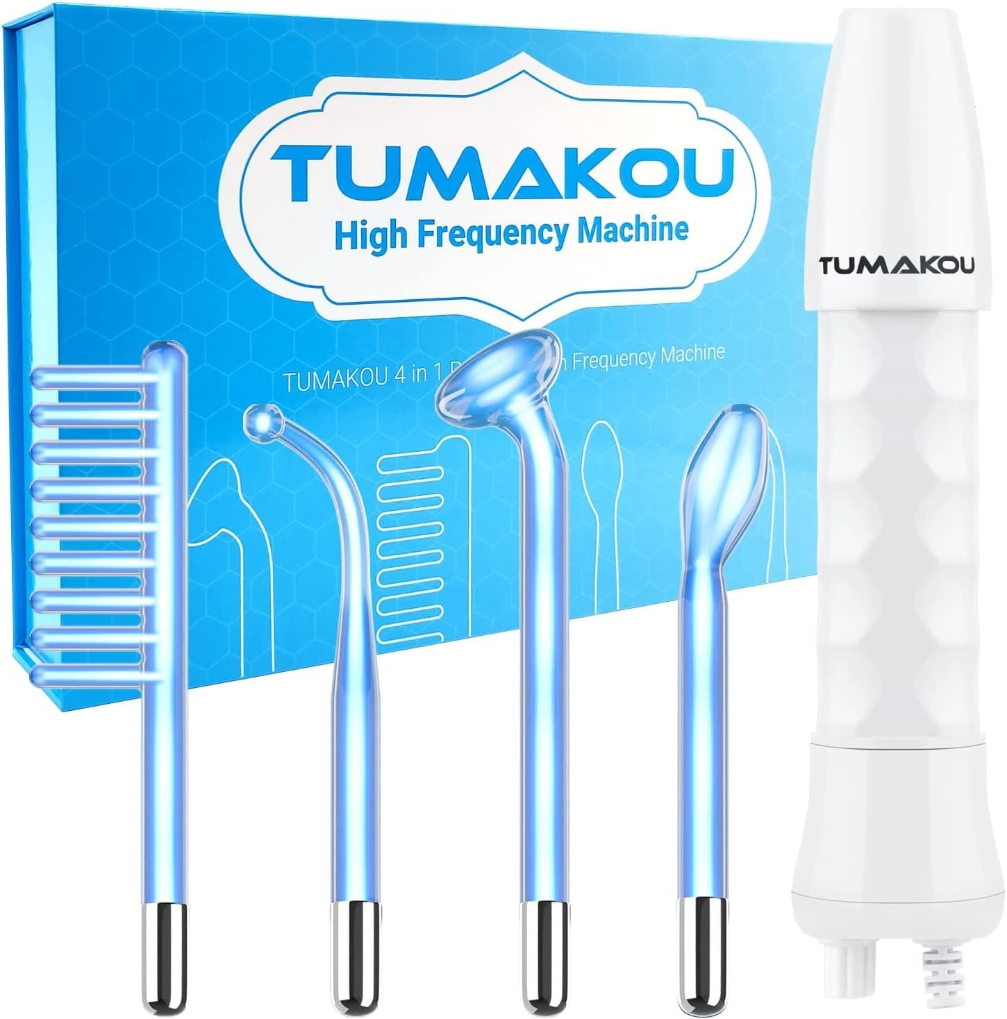 High Frequency Facial Wand – TUMAKOU Portable Handheld Blue High Frequency Facial Machine – 4 Different Blue Glass Tubes for Skin