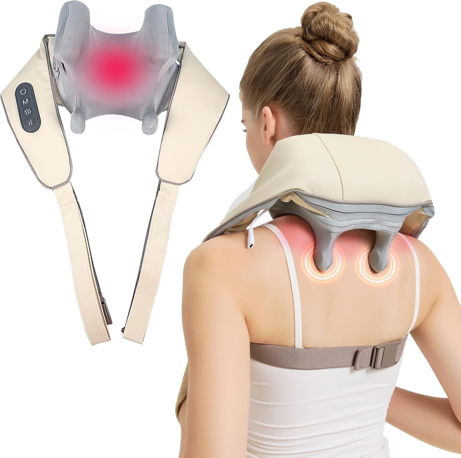 4D Wireless Deep Tissue Kneading Neck Massager with Heating Function, Shiatsu and Shoulder Massager Pillow,Back and Leg Pain Relief, Body Muscle Pain Relief, Perfect Gifts for Men Women. (Off White)