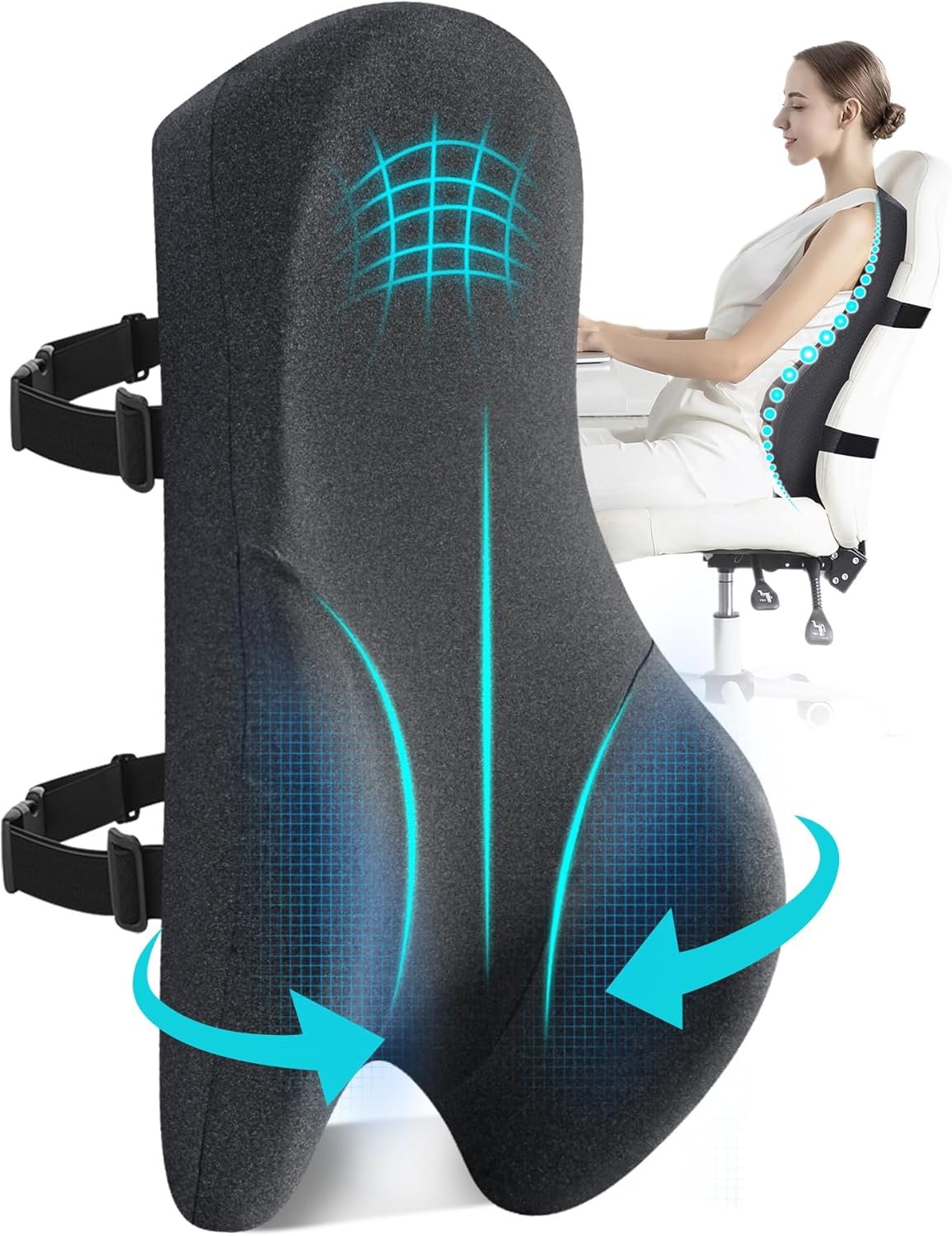 High Back Support Pillow for Office Chair Lumbar Support Pillow, Office Home Essentials- Memory Foam Fully Support Back Cushion for Desk, Gaming Chair, Promotes Posture Pain Relief Adjustable Straps
