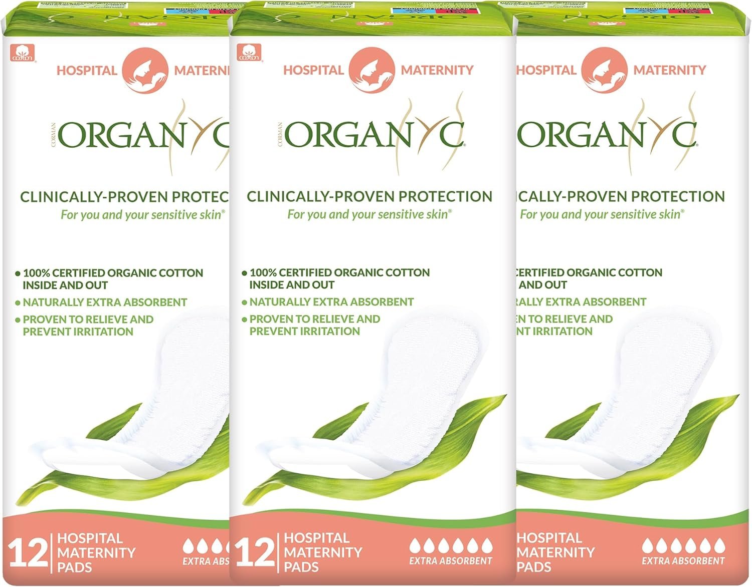 Organyc Hospital Postpartum Pads, 100% Certified Organic Cotton Inside and Out for Women, for First Days After Delivery, 12 Counts