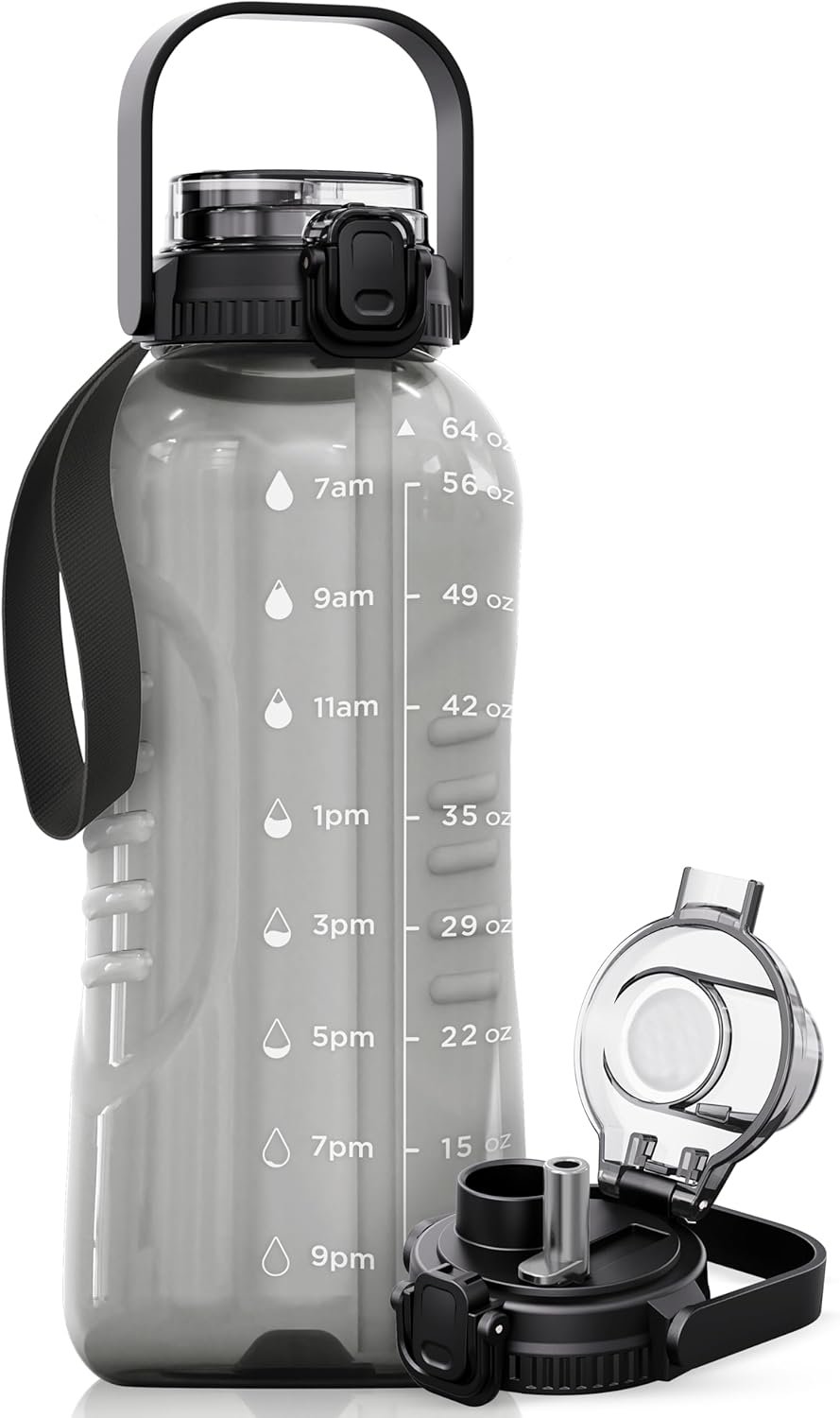 AQUAFIT 64 oz Water Bottle with Time Marker – 2in1 Straw & Chug Lid – BPA Free Big Water Bottle with Straw – Gym Water Bottle with Strap – Water Jug (64 Ounces, Gray)