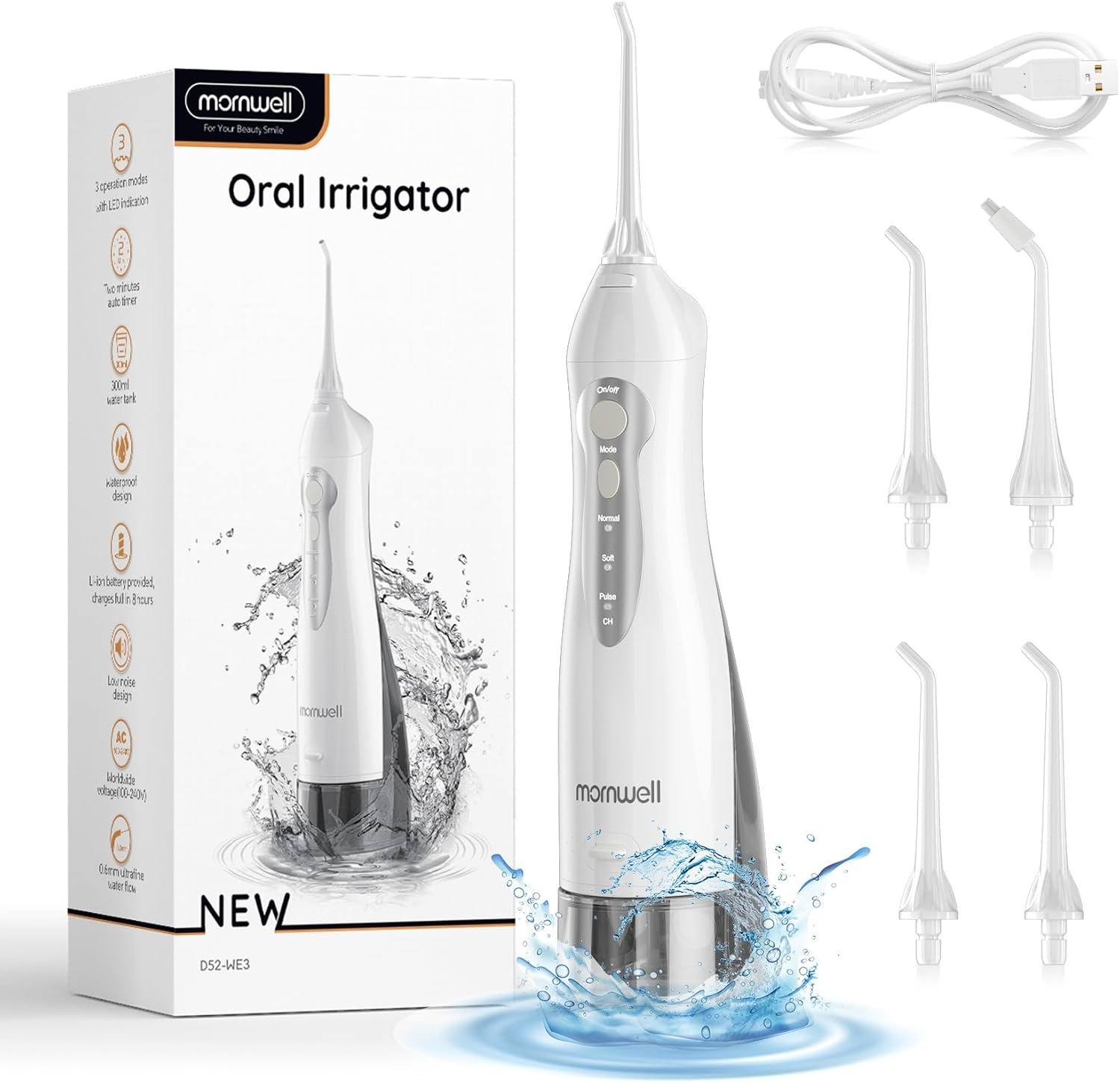 Mornwell Water Flosser Cordless, Water Flossers for Teeth – 300ML Tank and 4 Jet Tips, 3 Modes Portable Dental Oral Irrigator, Braces Care, Rechargeable Waterproof Portable Water Flosser (White)