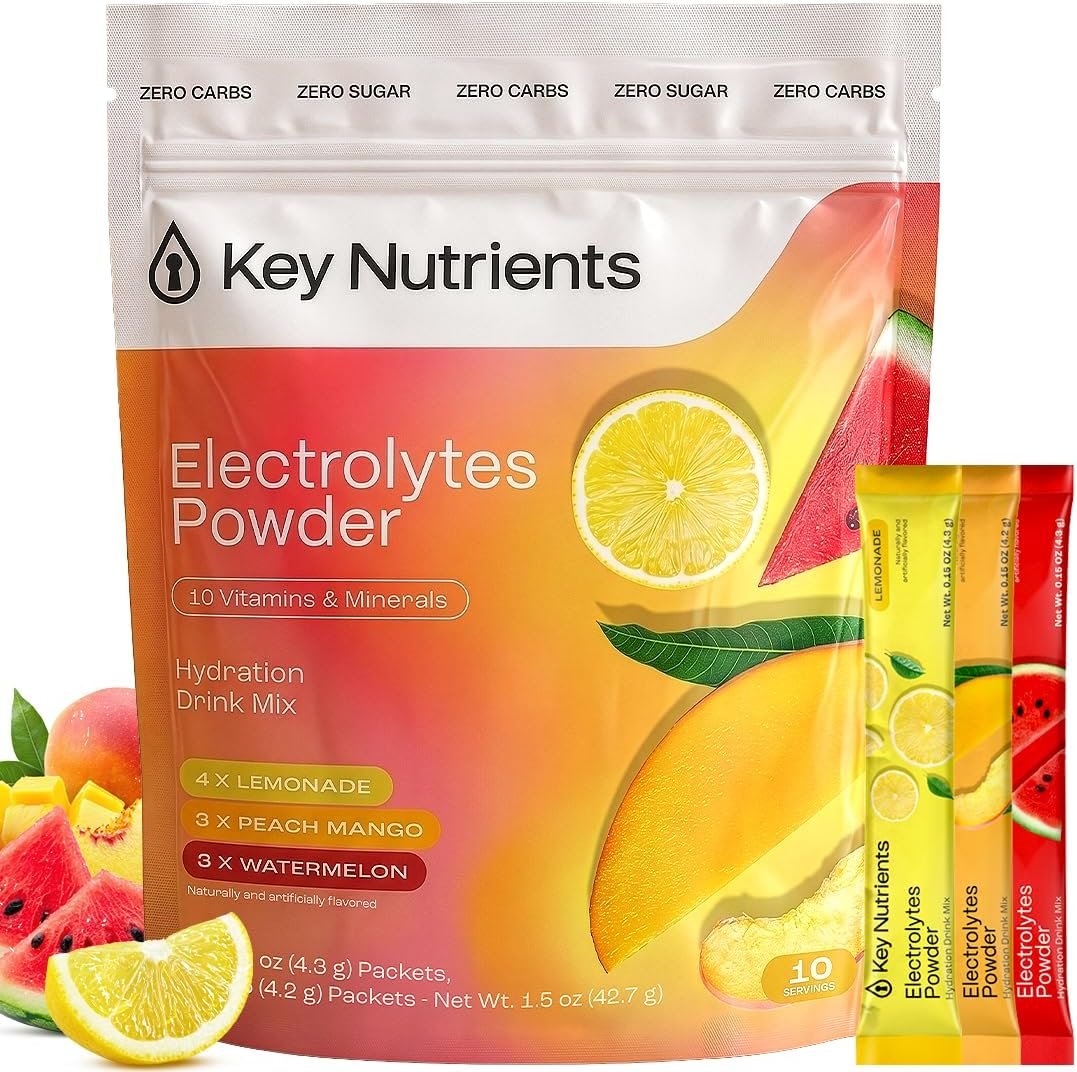 KEY NUTRIENTS Selenium Electrolytes Powder Packets – Variety Pack – Sugar Free Hydration Drink Mix – Hydration Packets – Improved Refreshing Taste Lemonade, Peach Mango & Watermelon – 10 Pack