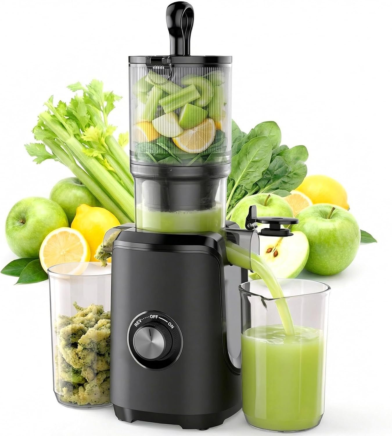 Slow Masticating Juicer Machines, Cold Press Juicer with Safety Lock & Reverse Function, 4.25″ Feed Chute for Whole Fruits & Vegetables, High Juice Yield, Black