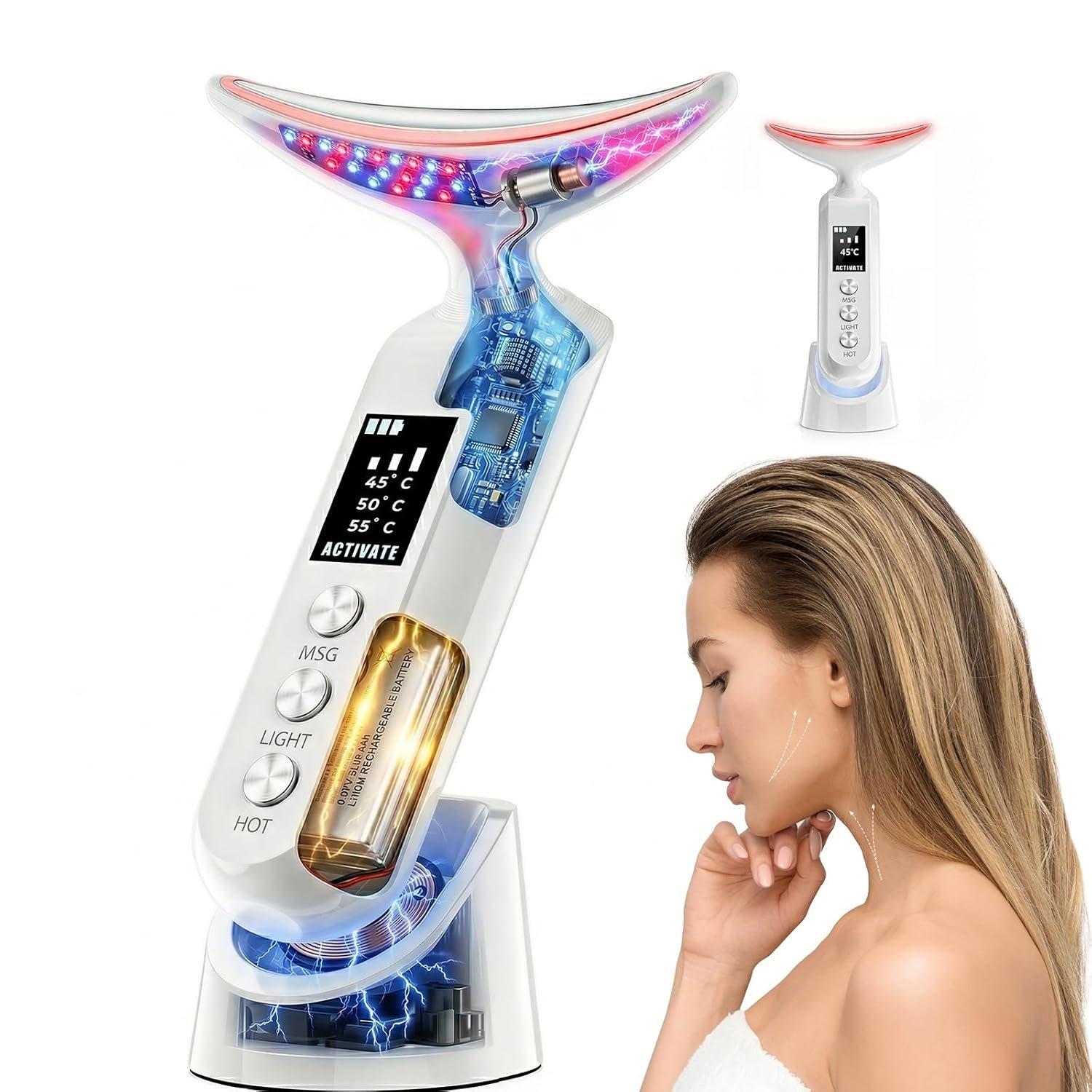 Face Massager with Led Light: 9-Color Facial Device – Neck Wrinkles Tightening Wand – Vibration Tool for Skin Care, White