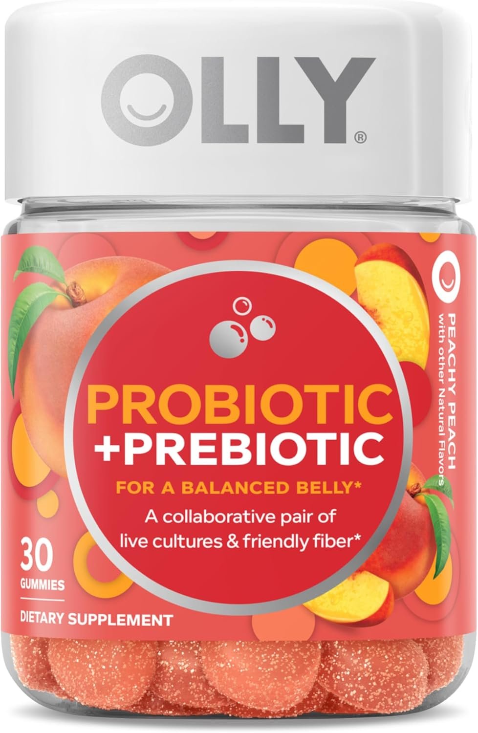 Olly, Probiotic + Prebiotic Gummy, 500 Million CFUs, Fos, Adult Chewable Supplement for Men and Women, Peach Flavored, 30 Day Supply, 30 Count