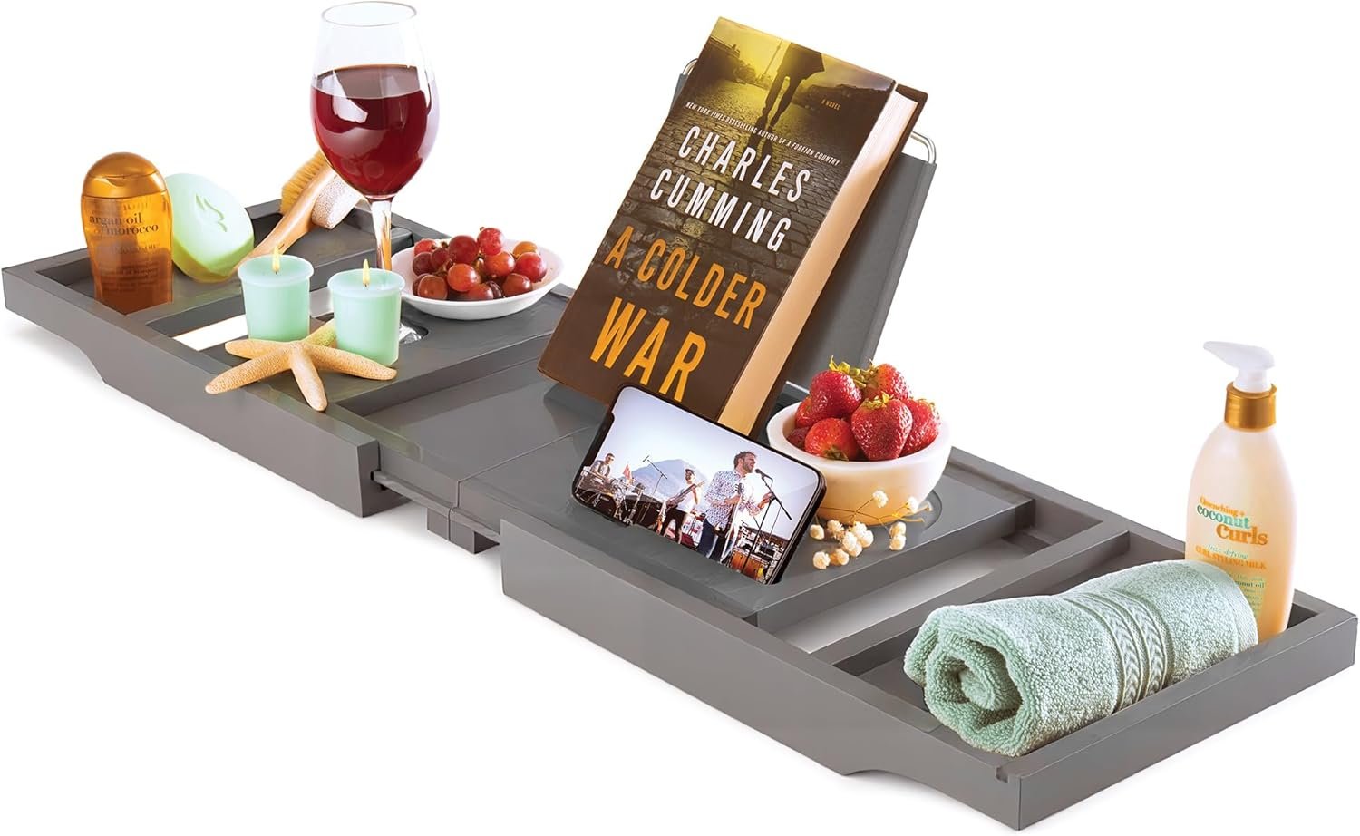 Gray Bathtub Tray for Tub – Grey Bamboo Bath Tray, Expandable Wooden Bath Caddy Tray with Wine Holder, Book and Tablet Stand, Bathroom Accessories, Tub Table, Bridal Shower Gifts for Women