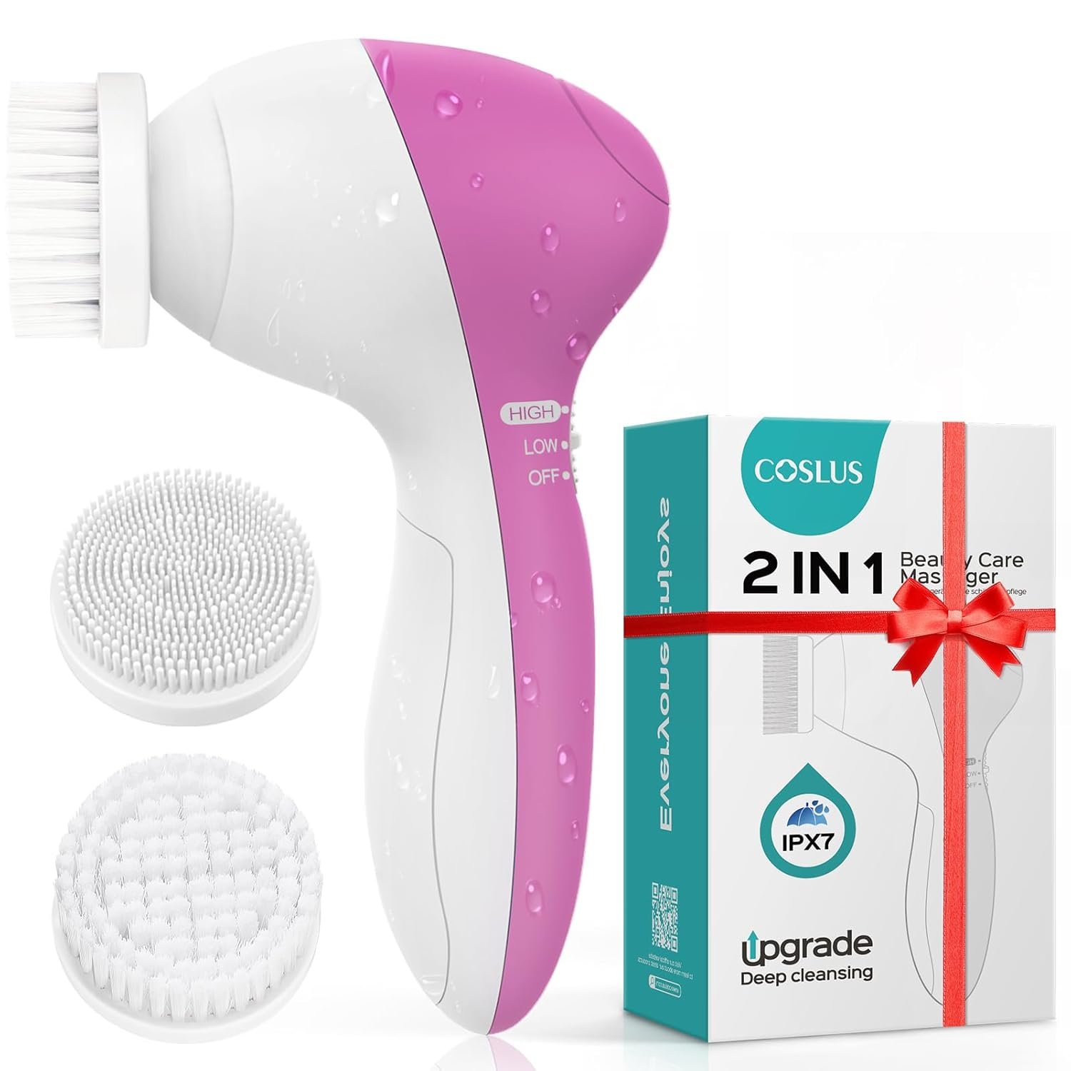 COSLUS Facial Cleansing Brush Silicone Face Scrubber: 2 in1 FBS-D Electric Exfoliating Device Waterproof Deep Cleaning Exfoliation Rotating Spa Machine – Electronic Skincare Wash Spinning System