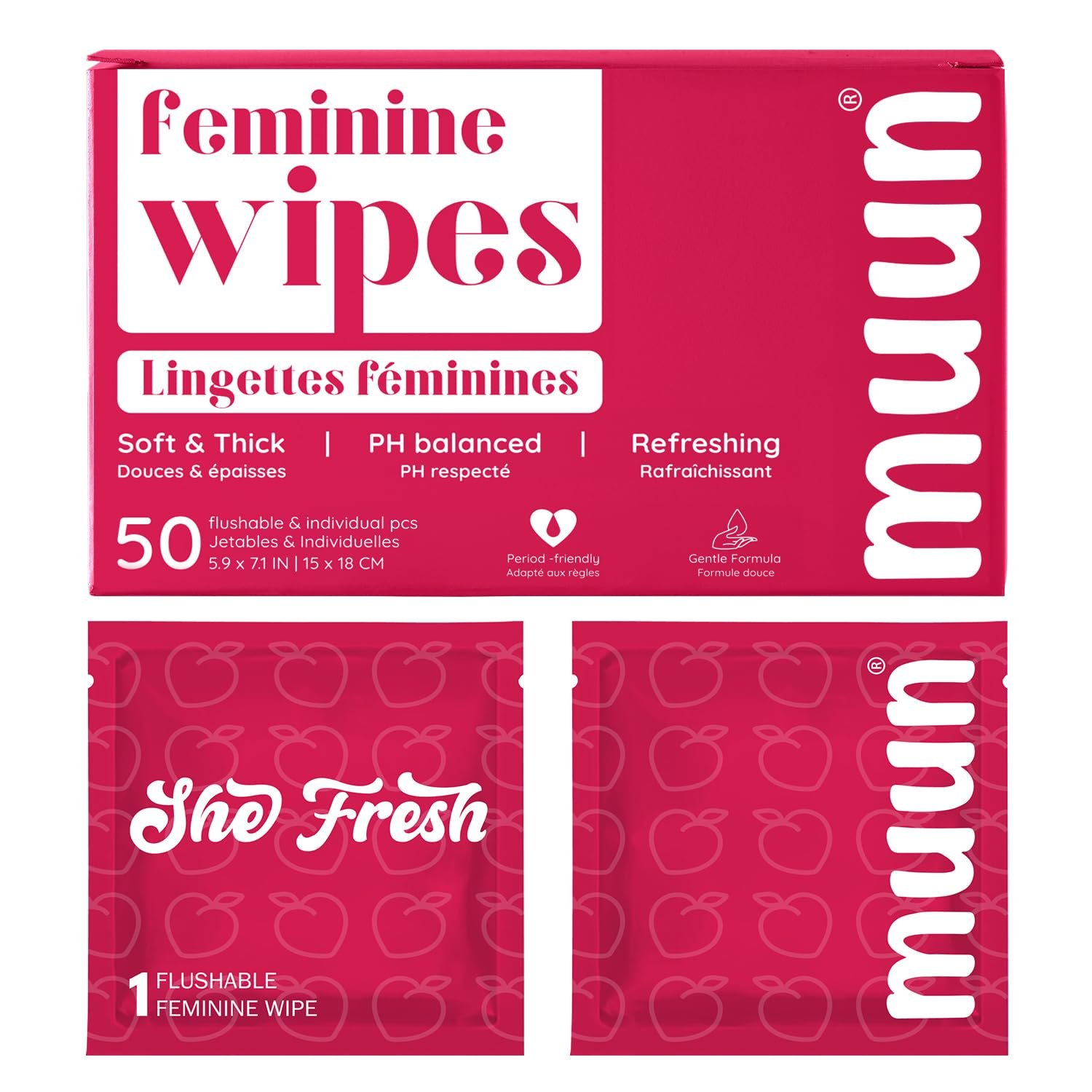 Muun Feminine Wipes Flushable – 50 Counts Individual Vaginal Wipes Ph Balance, Anti Itch Deodorant Hygiene Wrapped Personal Cleansing, Wet Wipes for Intimate, Butt