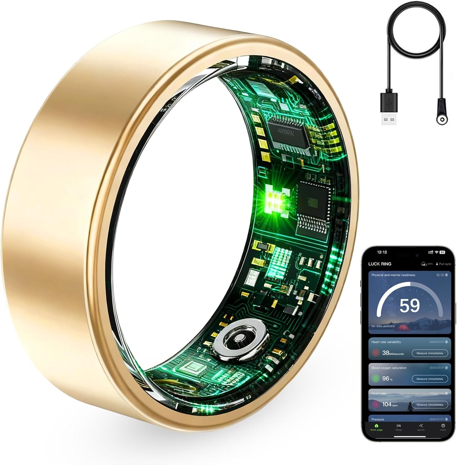 Smart Ring for Women & Men, Fitness Tracker Ring with Heart Rate Monitor, HRV, Sleep Tracking, No Subscription Fee, 10ATM Waterproof Activity Ring for Android & iPhone (Gold, #7)