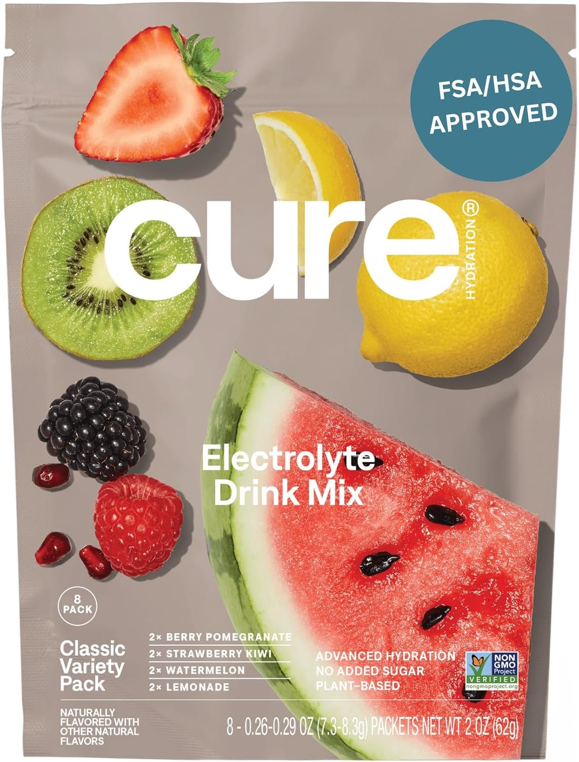 Cure Hydration | Plant-Based Electrolyte Drink Mix | No Added Sugar | FSA-HSA | Dehydration Relief Powder Made with Coconut Water | Non-GMO | Vegan | 8 Packets – Variety Pack