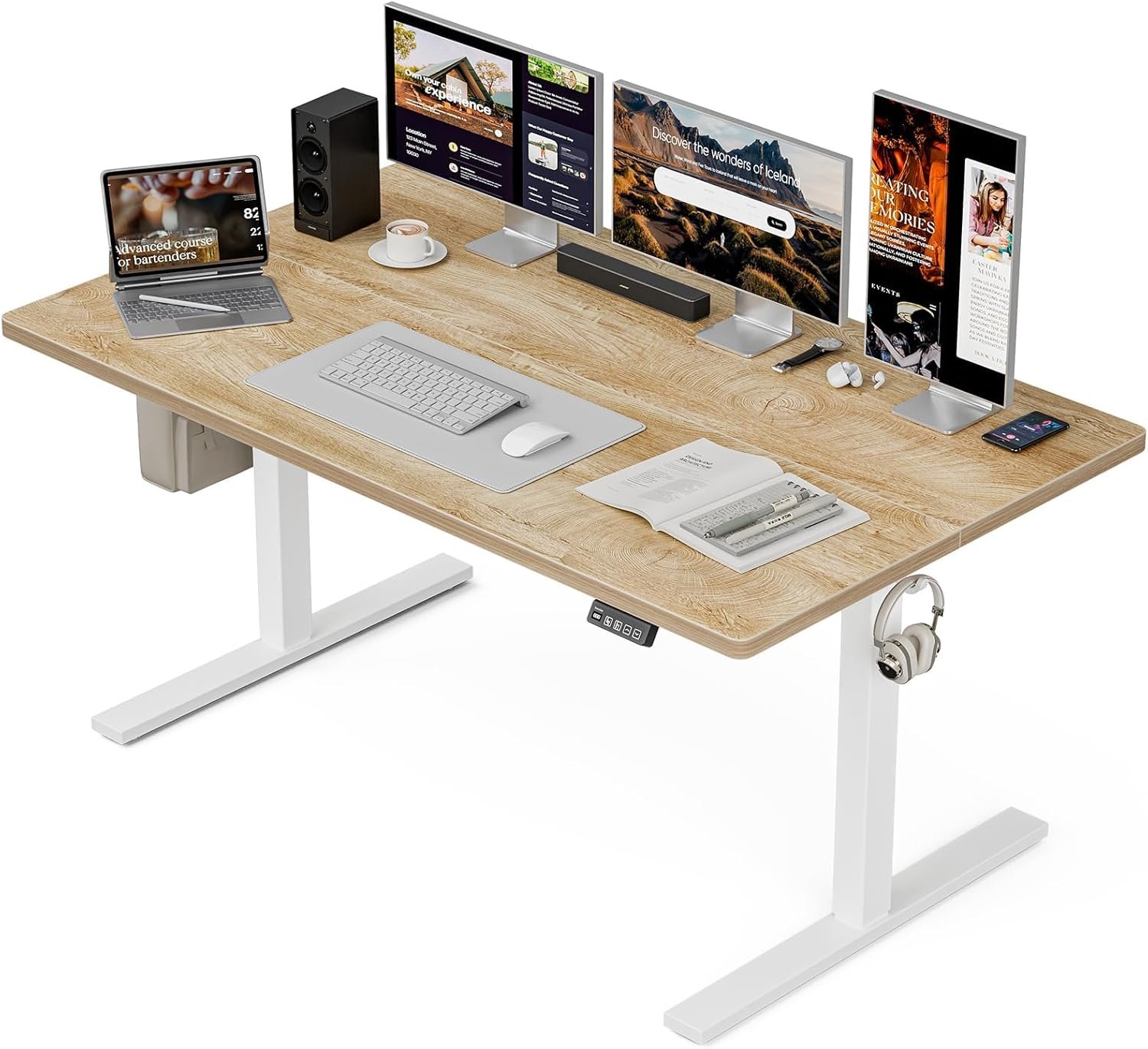 Grandder 55×32 Large Electric Standing Desk, Height Adjustable Computer Desk with 2 Memory Presets, 31.5″ Deep Desktop Sit Stand Desk Home Office Desk Workstation Table with Hooks, Oak