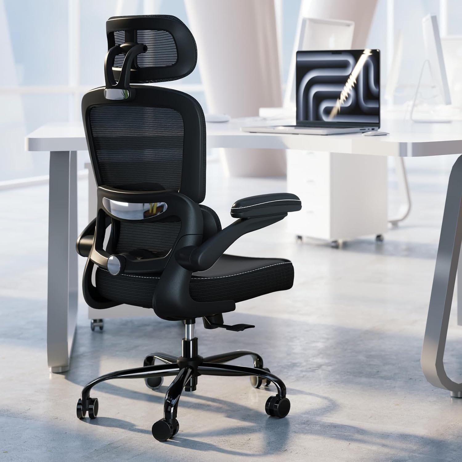 TRALT Ergonomic Office Chair – Desk Chair with Adjustable Headrest Lumbar Support Computer Chair – Mesh Comfy Chair with Flip-up Armrests – Gaming Chairs for Adults Home Office (Leather, Black)