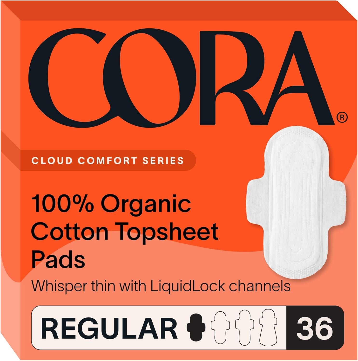 Cora 100% Organic Cotton Topsheet Pads (36 Regular Pads)