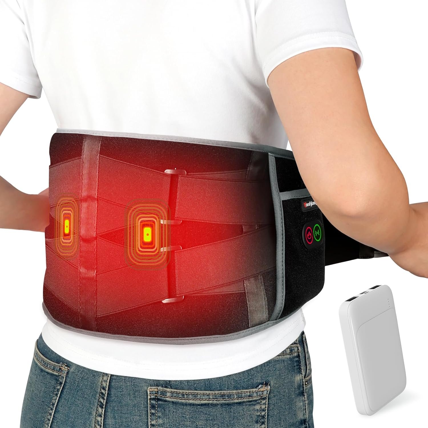 Comfytemp Cordless Heating Pad with Massager for Back, Fathers Day Dad Gifts for Men, FSA Eligible HSA Portable Lower Back Massager Rechargeable Wireless Electric, Women Mom Seniors 3 Heat 30mins Off