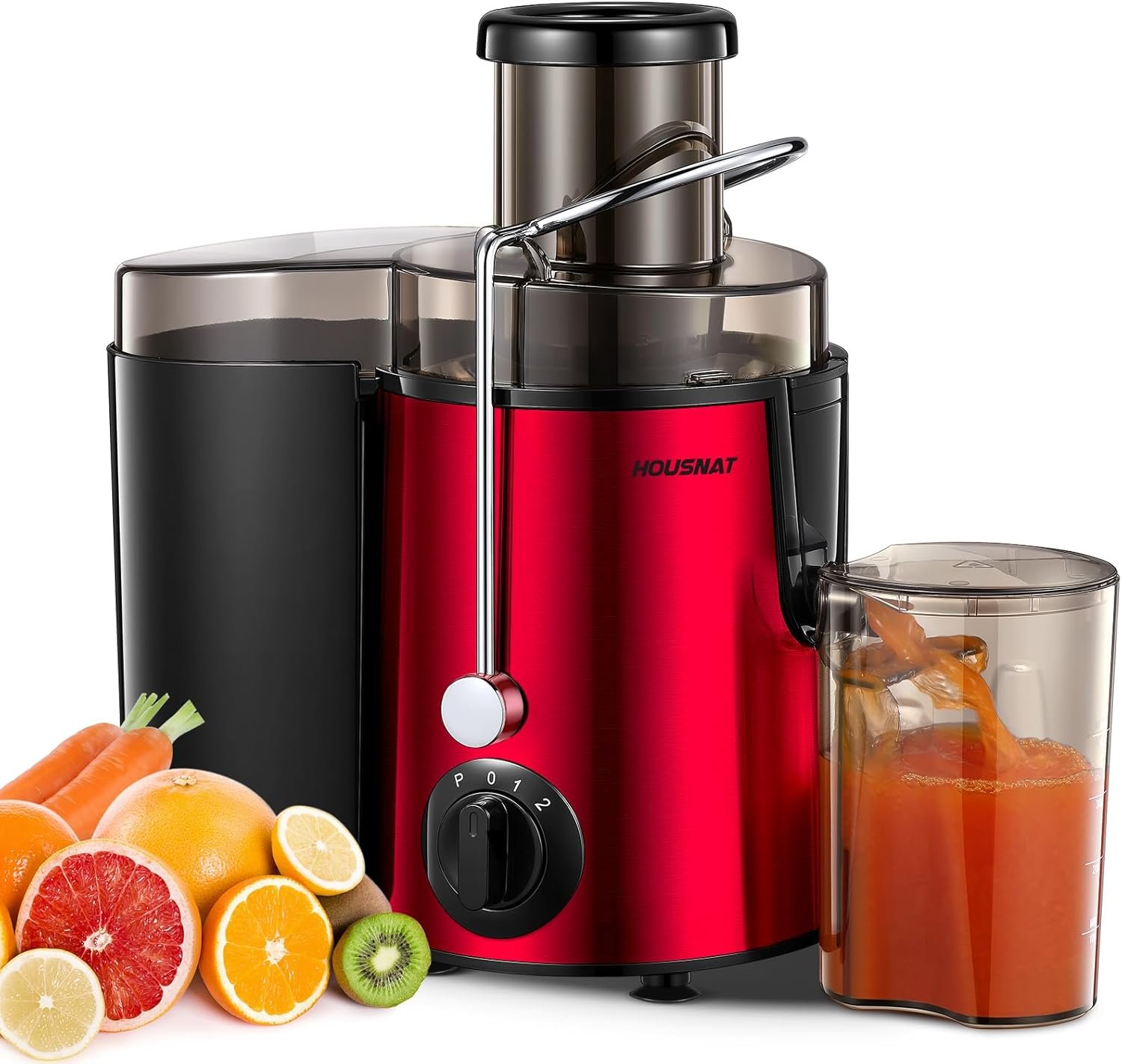 Juicer Machine, HOUSNAT Centrifugal Juicer 400 W Motor, 65MM Wide Chute for Whole Fruit and Vegetables, Juice Extractor with 3 Speeds, Upgraded Version Quick Juicing, Easy to Clean, BPA Free, Red