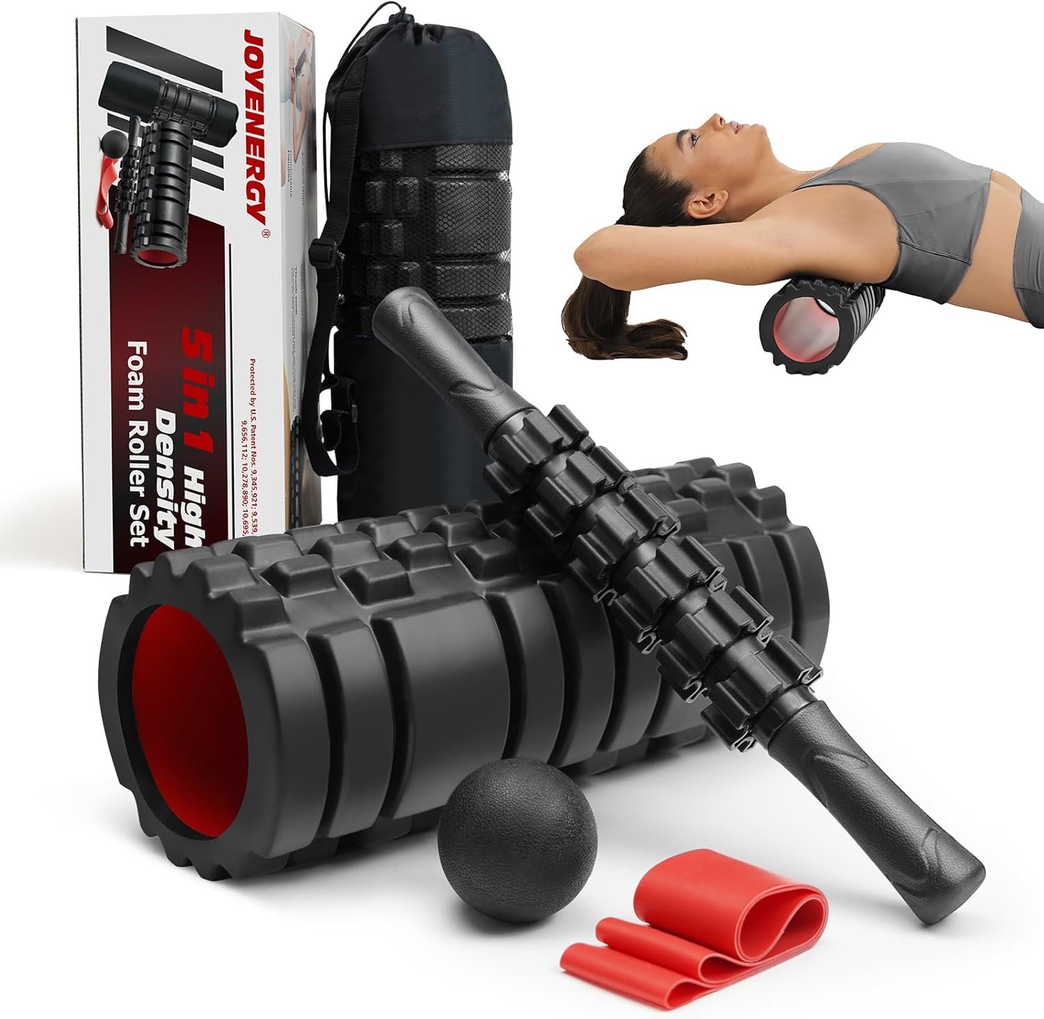 JOYENERGY 5 in 1 Foam Roller Set High Density Foam Roller Patented, Massage Stick, Massage Ball, Resistance Band for Deep Muscle Massage Pilates Yoga, Fitness for Trigger Point Release