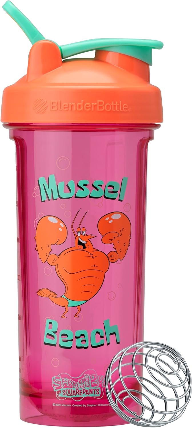 BlenderBottle Spongebob Shaker Bottle Pro Series Perfect for Protein Shakes and Pre Workout, 28-Ounce, Orange/Pink, Mussel Beach