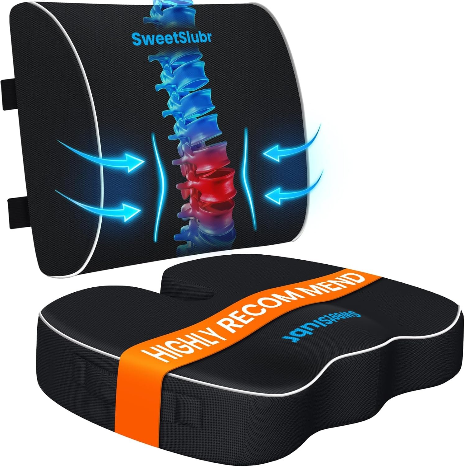SweetSlubr Ergonomic Memory Foam Seat Cushion & Lumbar Support Pillow Set, Orthopedic Coccyx Cushion for Office Chair, Car, Home – Relieves Back, Sciatica & Tailbone Pain, Improves Posture Black/Large