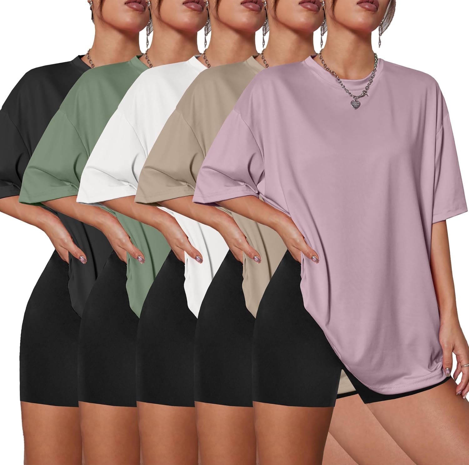 Kinglaman 5 Pack Womens Oversized T Shirts Crew Neck Loose Fit Short Sleeve Tshirts Summer Workout Plus Size Tee Tops