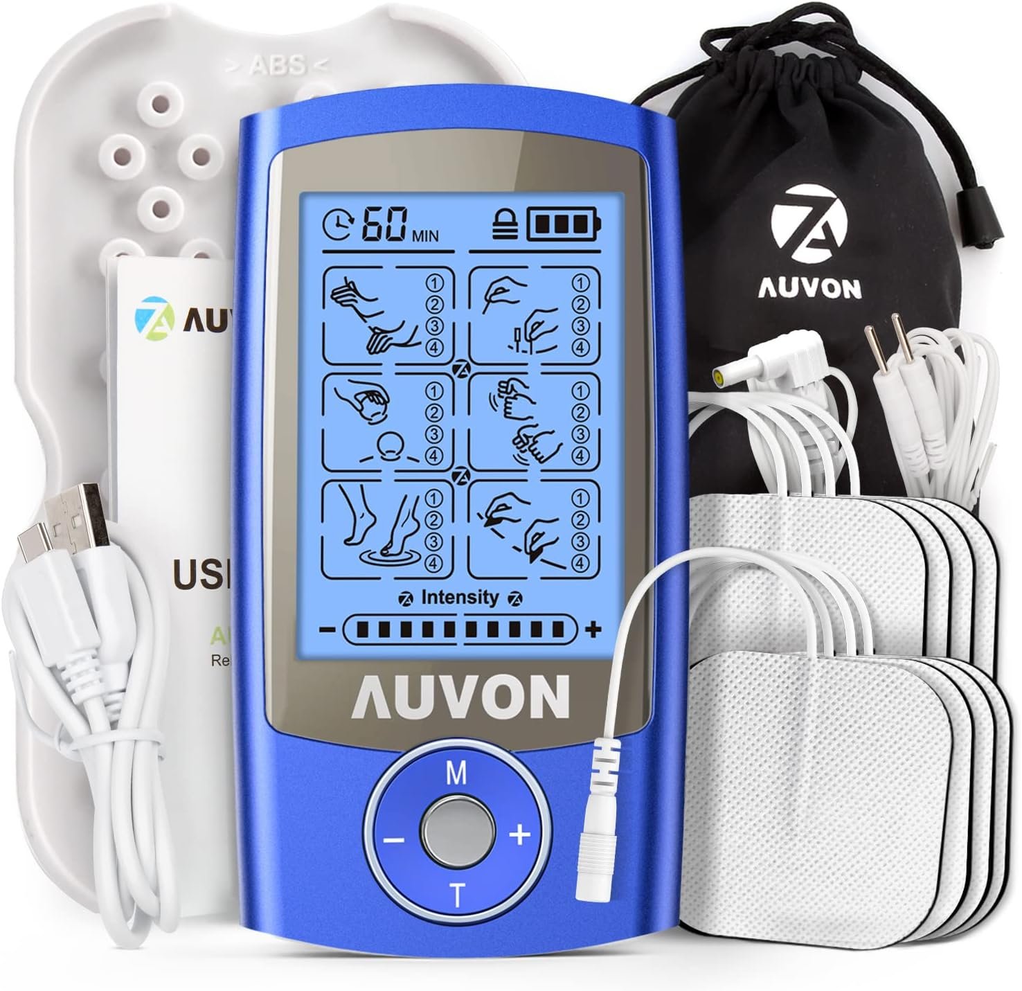 AUVON Rechargeable TENS Unit Muscle Stimulator, 24 Modes 4th Gen TENS Machine with 8pcs 2″x2″ Premium Electrode Pads for Pain Relief