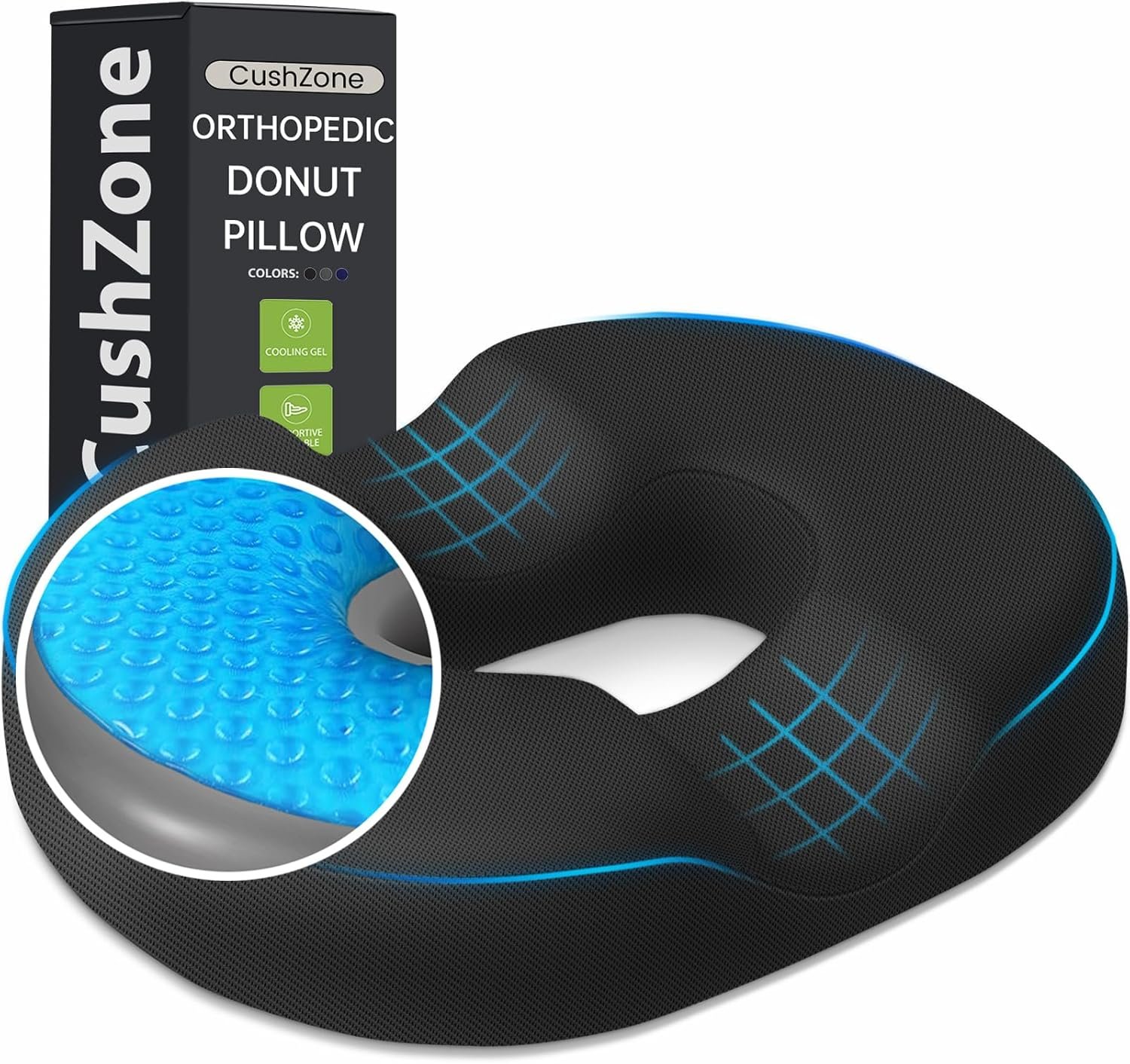 Donut Pillow Seat Cushion – Cooling Gel Donut Chair Cushions, Memory Foam Seat Cushion for Office & Home, Car Seat Cushion and Butt Pillow, Hemorrhoids Pillow and Tailbone Pain Relief, Black