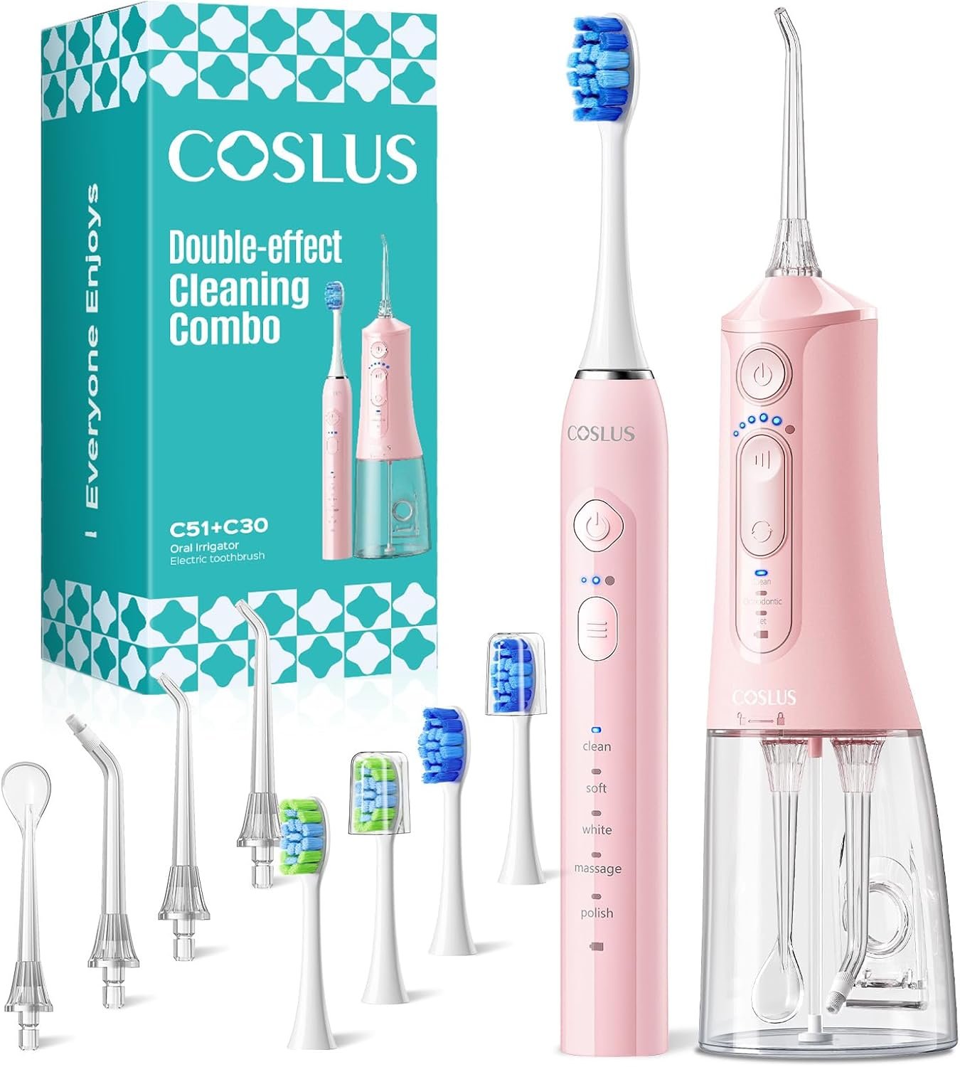 COSLUS C51C30 Electric Toothbrush with Water Flosser Combo: Portable Oral Clean Kit for Teeth Brushing & Flossing, Multiple Modes for Multiple Users, Cordless for Home & Travel Use, Pink