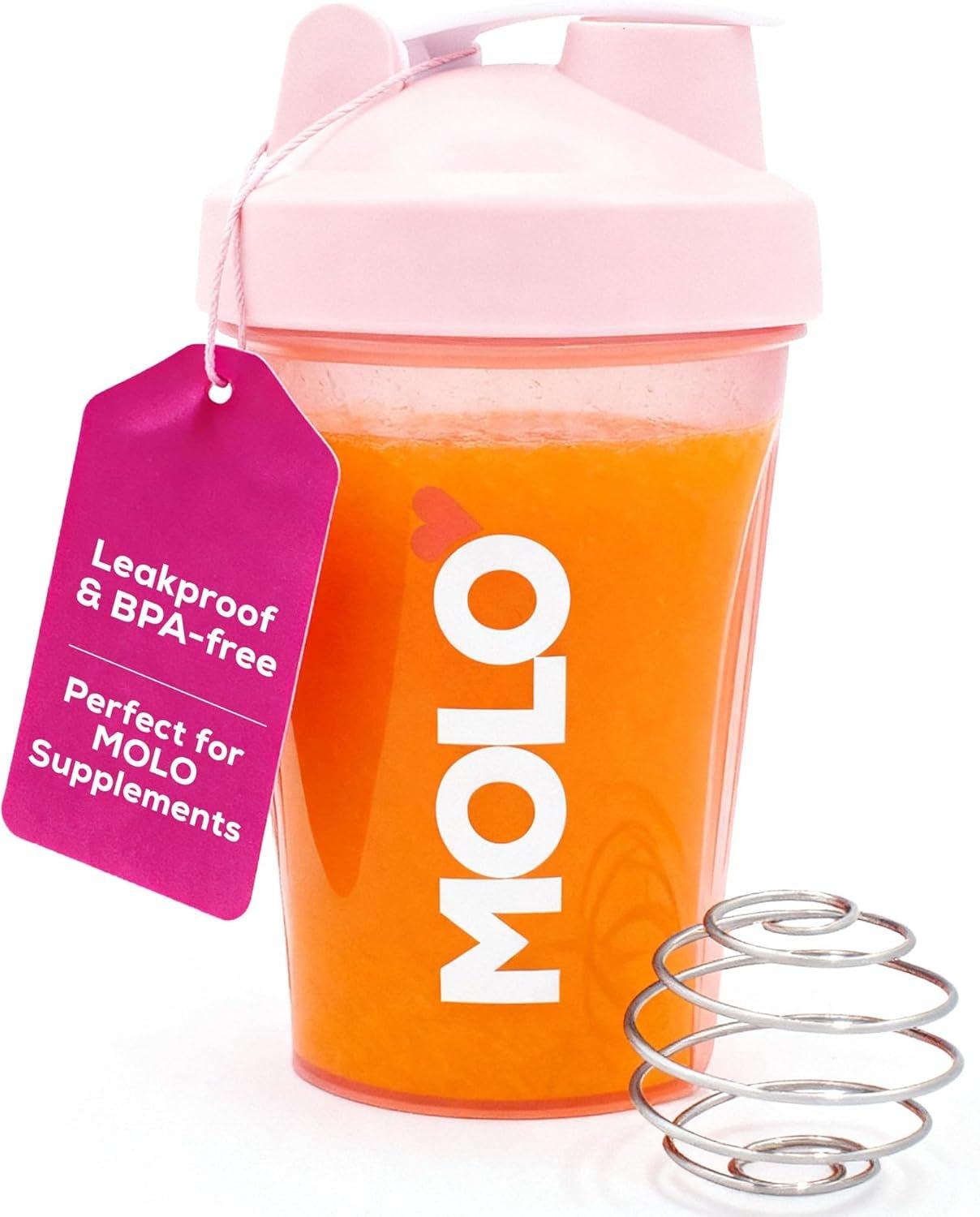 MOLO 12 oz Shaker Bottle with Stainless Steel Mixer Ball, BPA and Phthalate Free, Dishwasher Safe, Leak Proof Lid, For Protein, Pre Workout, & other Supplements (Pink)