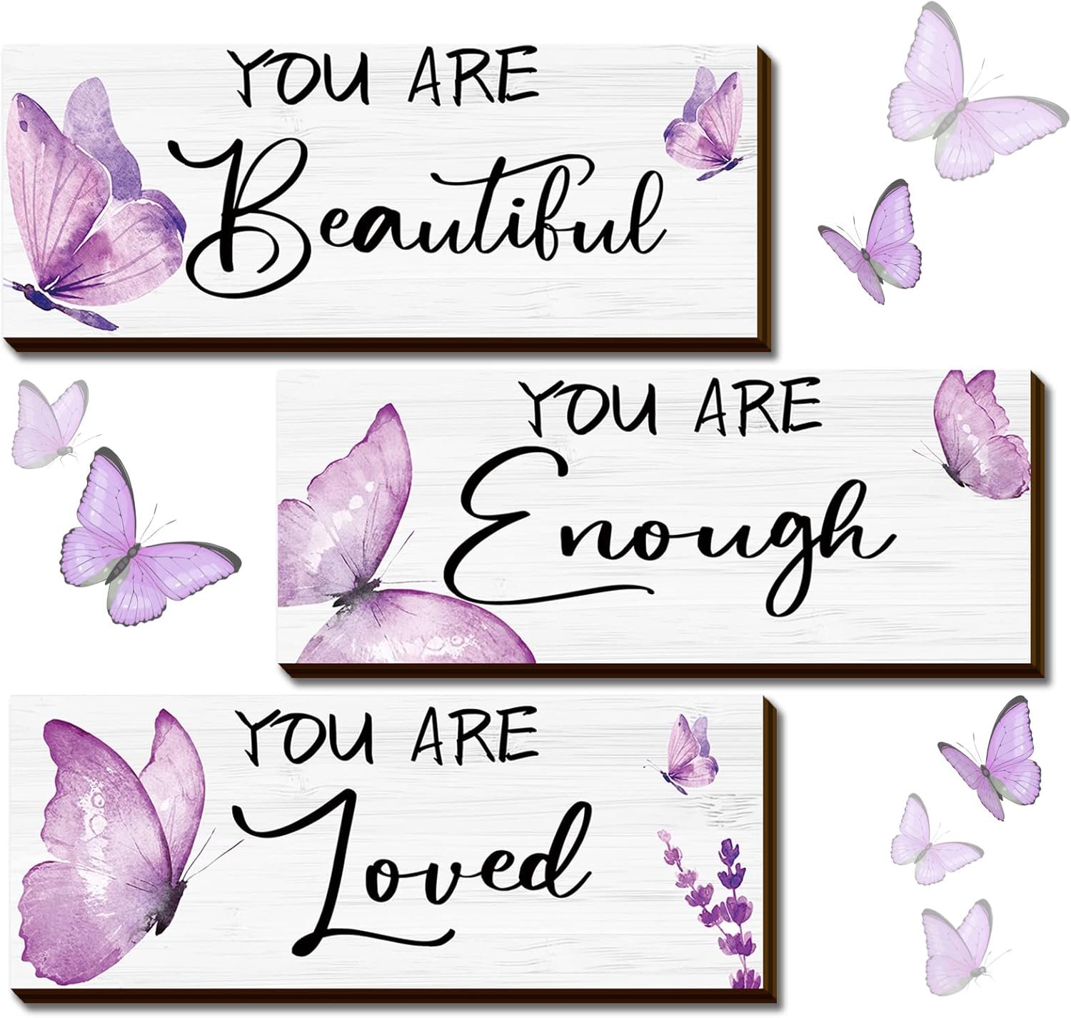 Geelin 3 Pcs Butterfly Wall Decor Purple Butterfly Wall Art Inspirational Quote Sign Wooden Hanging Room Decor for Teen Girls Women Nursery Bedroom Office(9.84 x 3.94 Inch,Loved Beautiful Enough)