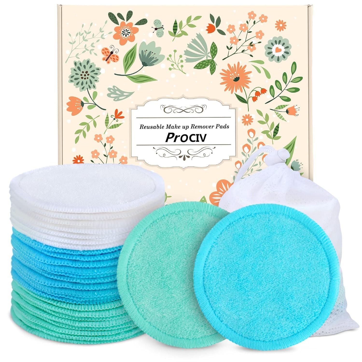 Reusable Makeup Remover Pads – 18 Packs Organic Reusable Cotton Rounds with Washable Laundry Bag for Toner Eco-Friendly Bamboo & Cotton Reusable Cotton Pads for Face All Skin Types (Blue-White-Green)