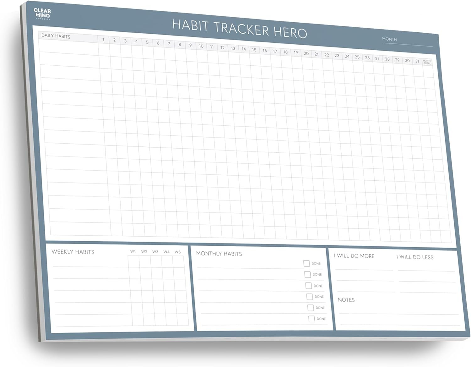 Habit Tracker Hero Desk Pad by Clear Mind Concepts® – 24 Monthly Undated Tear-Off Sheets – 160gsm Thick Paper – Includes Daily & Weekly Sections – A4 Size (Grey Blue, A4 Landscape)