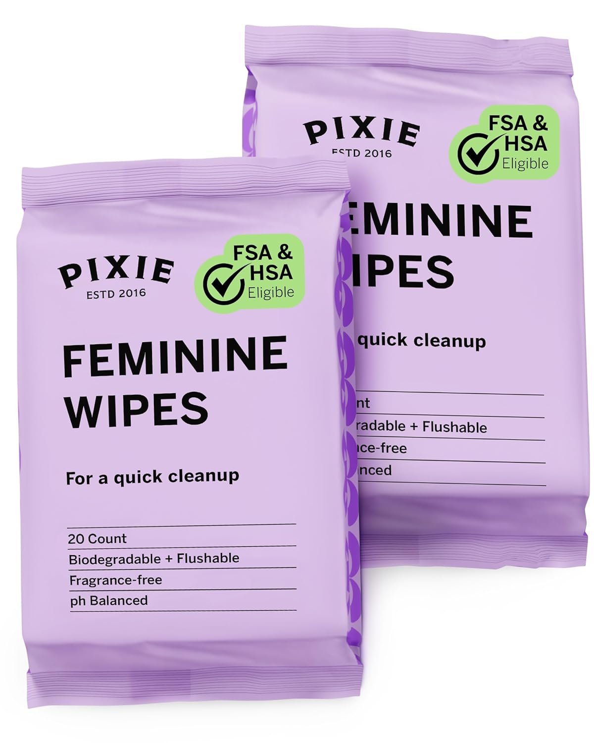Pixie Menstrual Cup Wipes – On The Go Public Bathroom Feminine Wipes – Safe On Period Cups & Menstrual discs – Biodegradable, Flushable, Ph Balanced (20 Count (2 Pack)