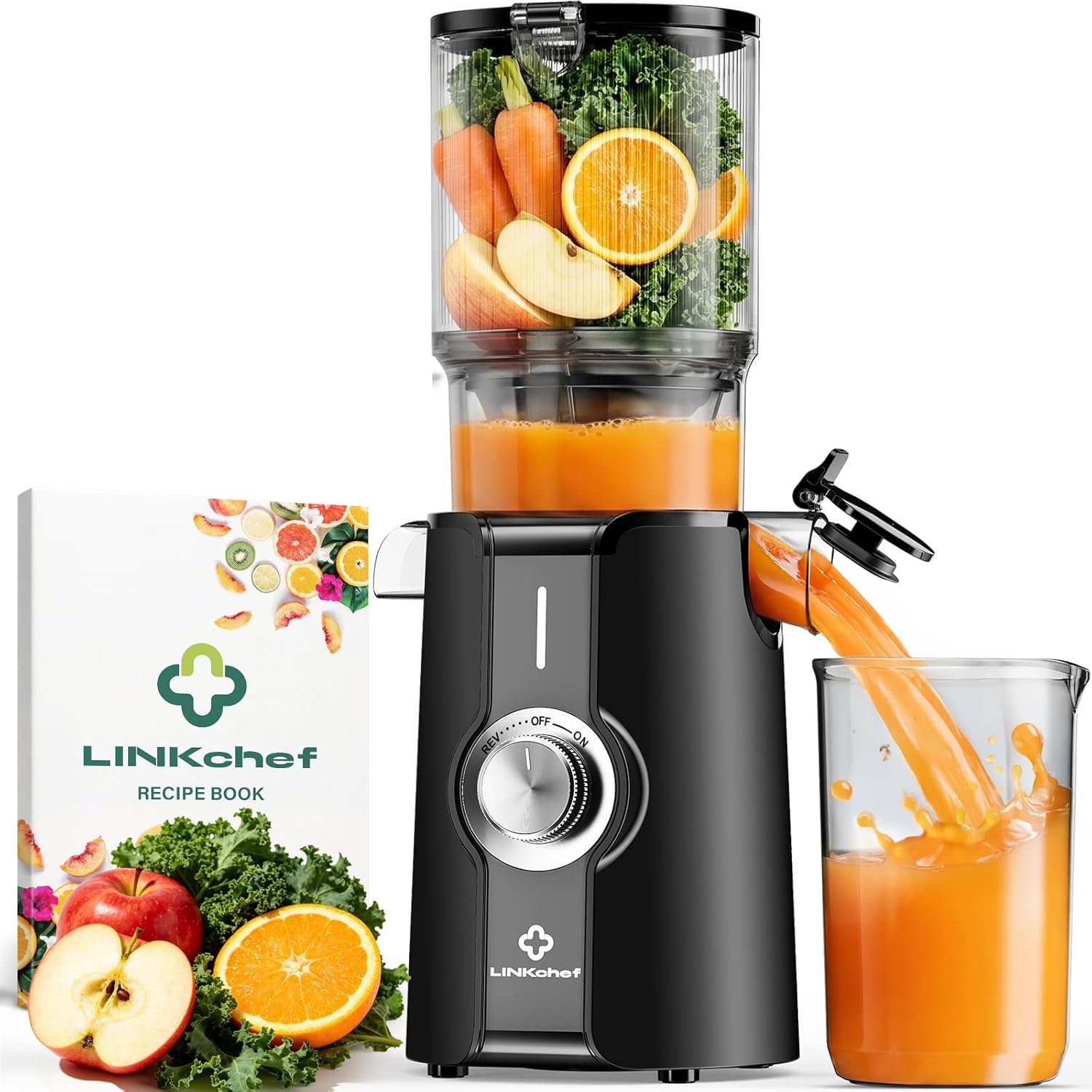 LINKChef Cold Press Juicer Machines, 4.53″ Diameter juicers Whole Fruit and Vegetable, 200W Masticating Slow Juicer with Automatic Cutting, BPA-Free, Easy Cleanup & Assembly, Lightweight, Black